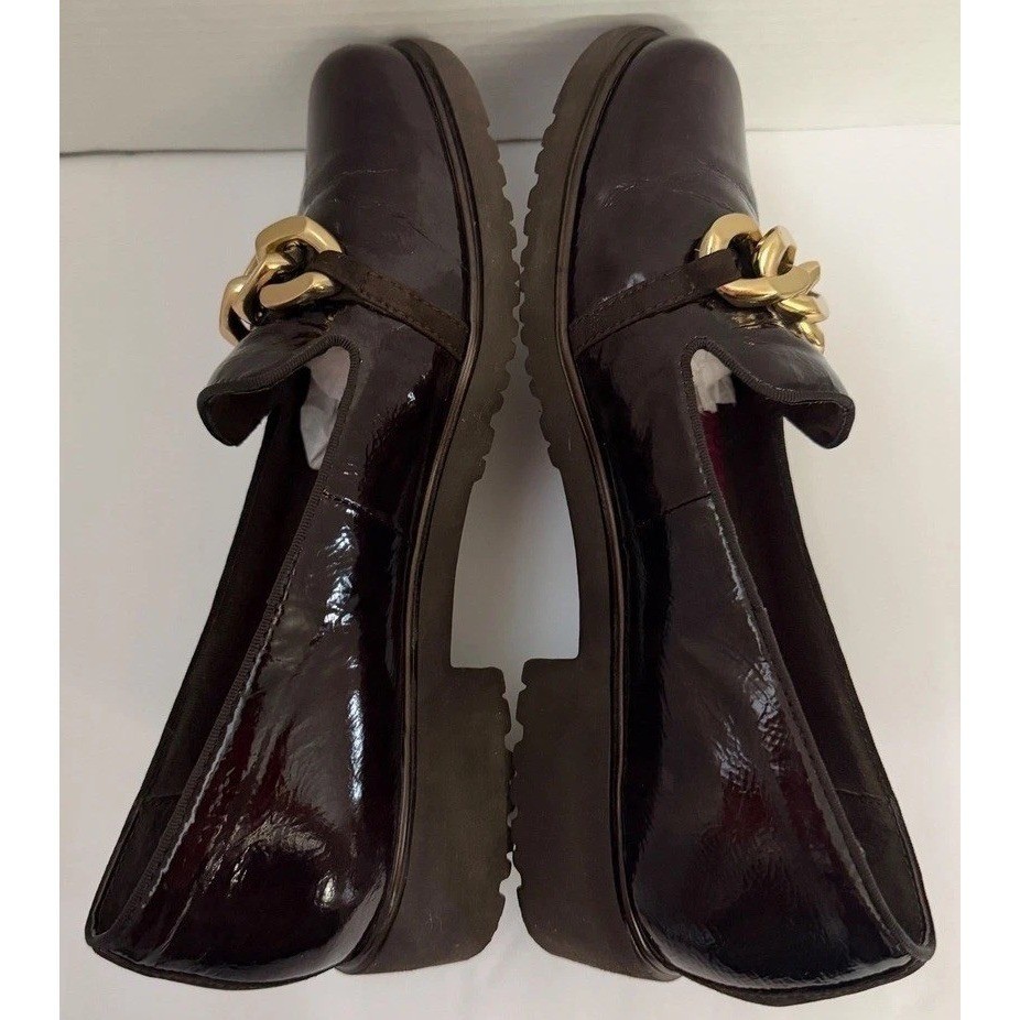 Munro American Expresso Brown Patent Leather Gold Chain Loafers Shoes 10 M