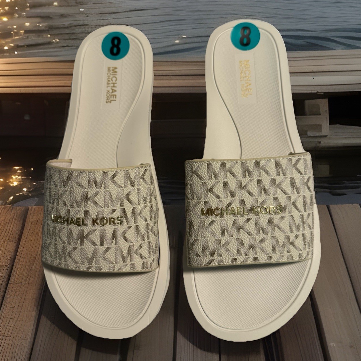 NEW Michael Kors Women Slide Brown Logo Printed Sandals,Sz. 7 M