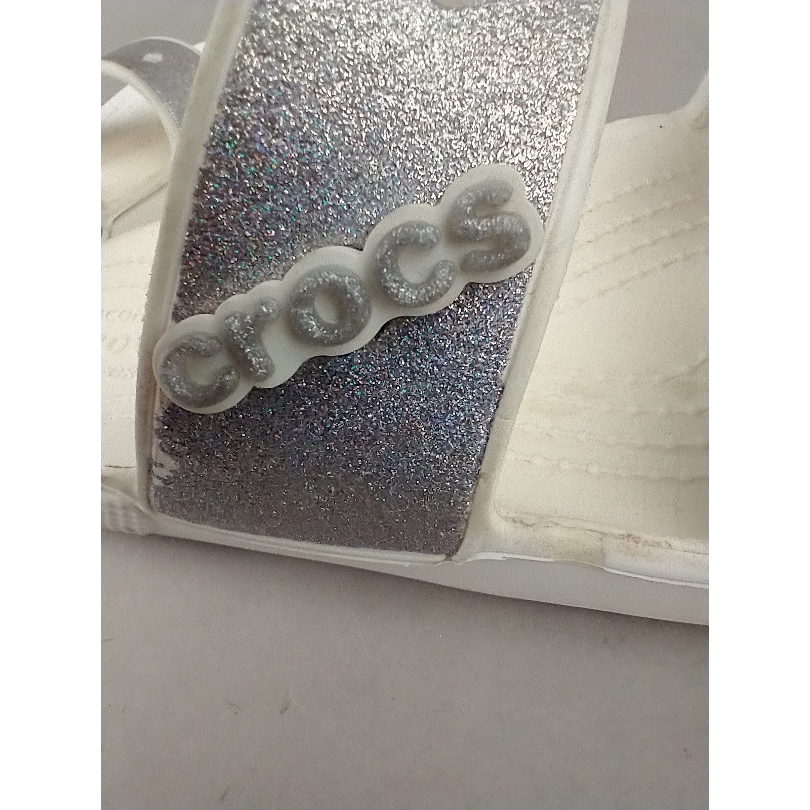 Crocs Classic Sandal Silver Glitter White Two Strap Slide Mens 4 Womens 6