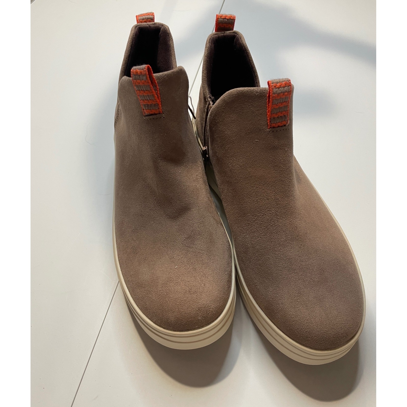 Ryka 7.5 Womens Suede Ankle Boots Taupe Orange Pull Tab Slip On Size 7.5