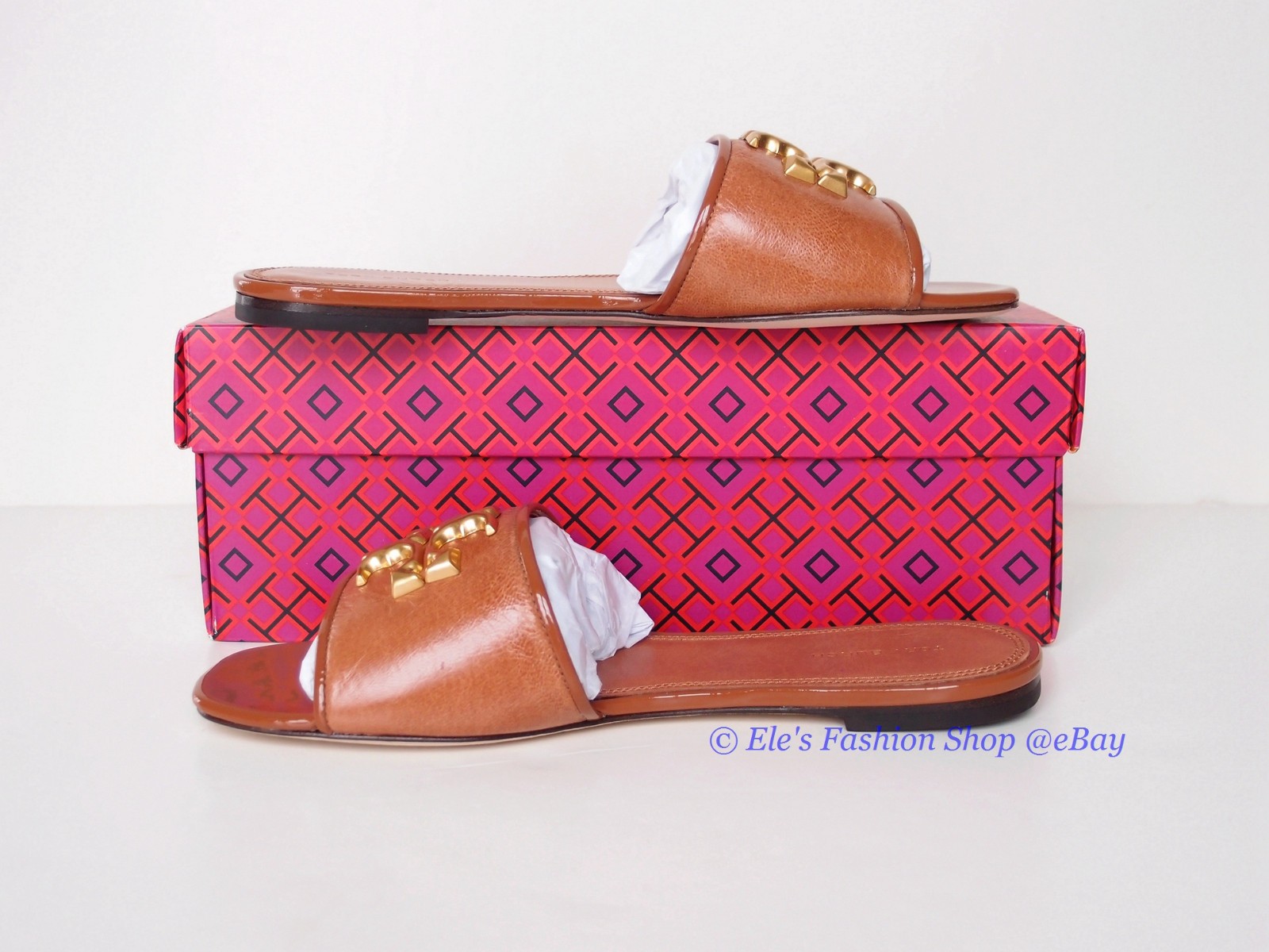 NIB Tory Burch Eleanor Leather Slides Bourbon Brown Tan US 8 8.5 9 AUTHENTC