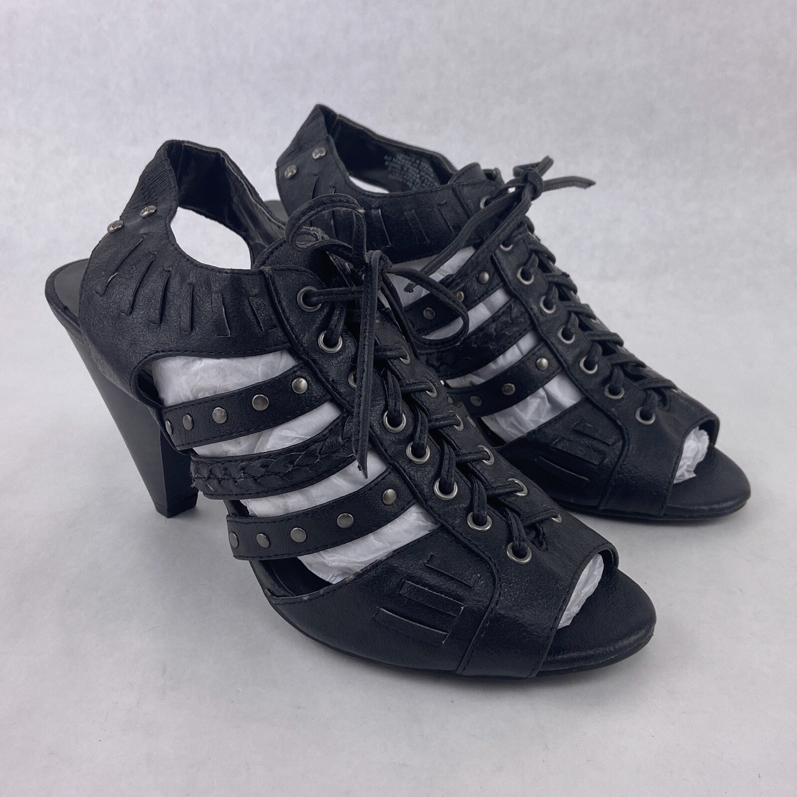 Simply Vera Wang Heels Women 8 M Black Hades Lace Up Studded Sling Back Shoes 3″