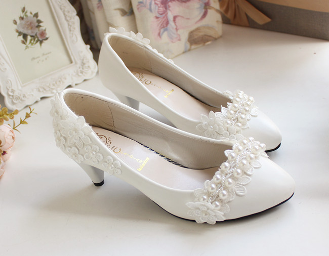 Ivory Pearl Flower Wedding Lace Prom Bridal Bridesmaid Flat High Low Heels shoes