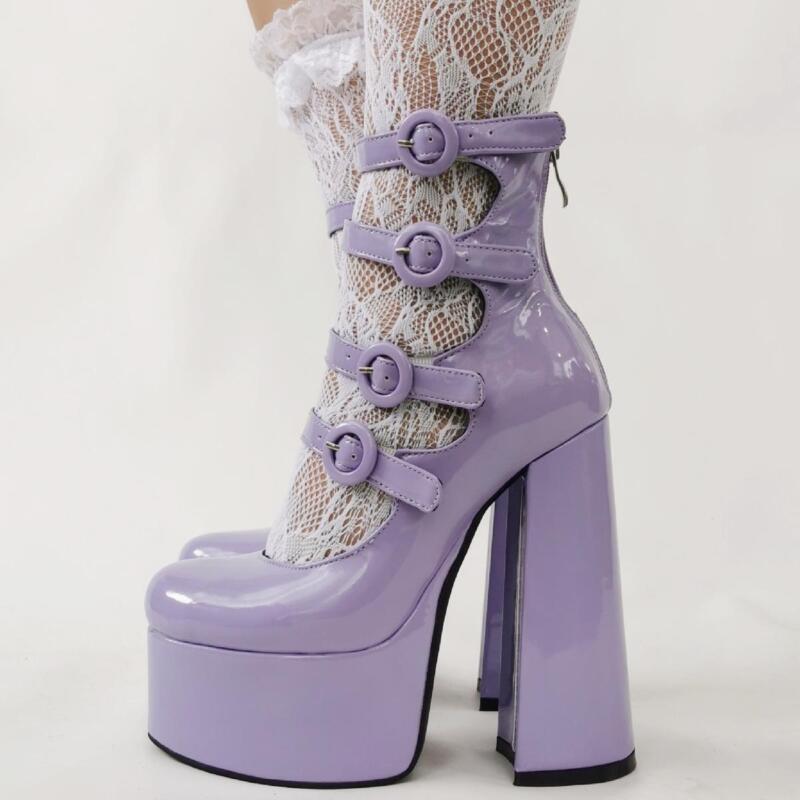 Womens Round Toe Mary Jane Buckle Platform Super High Block Heel Pumps Shoes Hot