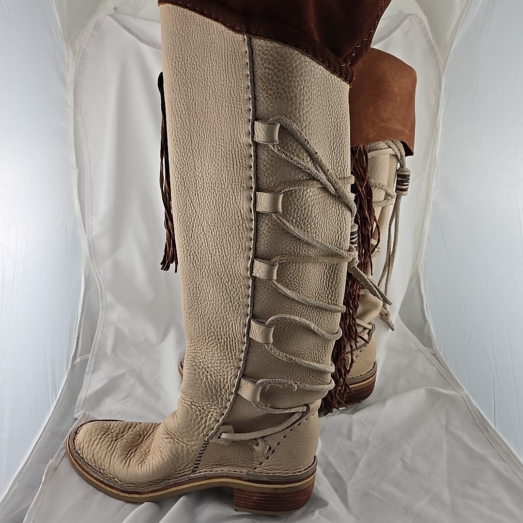 VTG 70s Hand Made Fringed Leather Western Boots Over Knee Concho Womens 9 USA