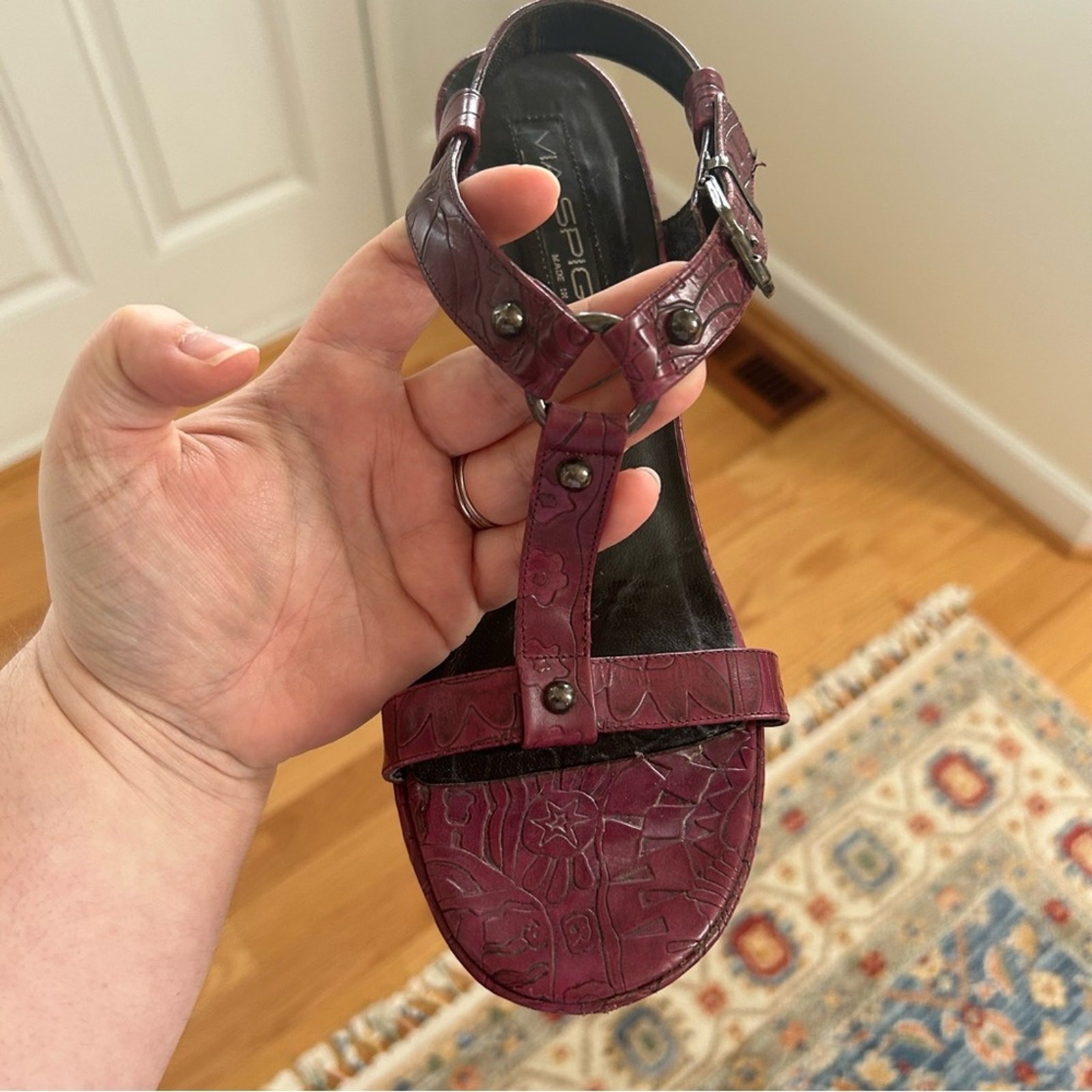 Via Spiga Plum Purple Hand Tooled Leather T-Strap Sandals