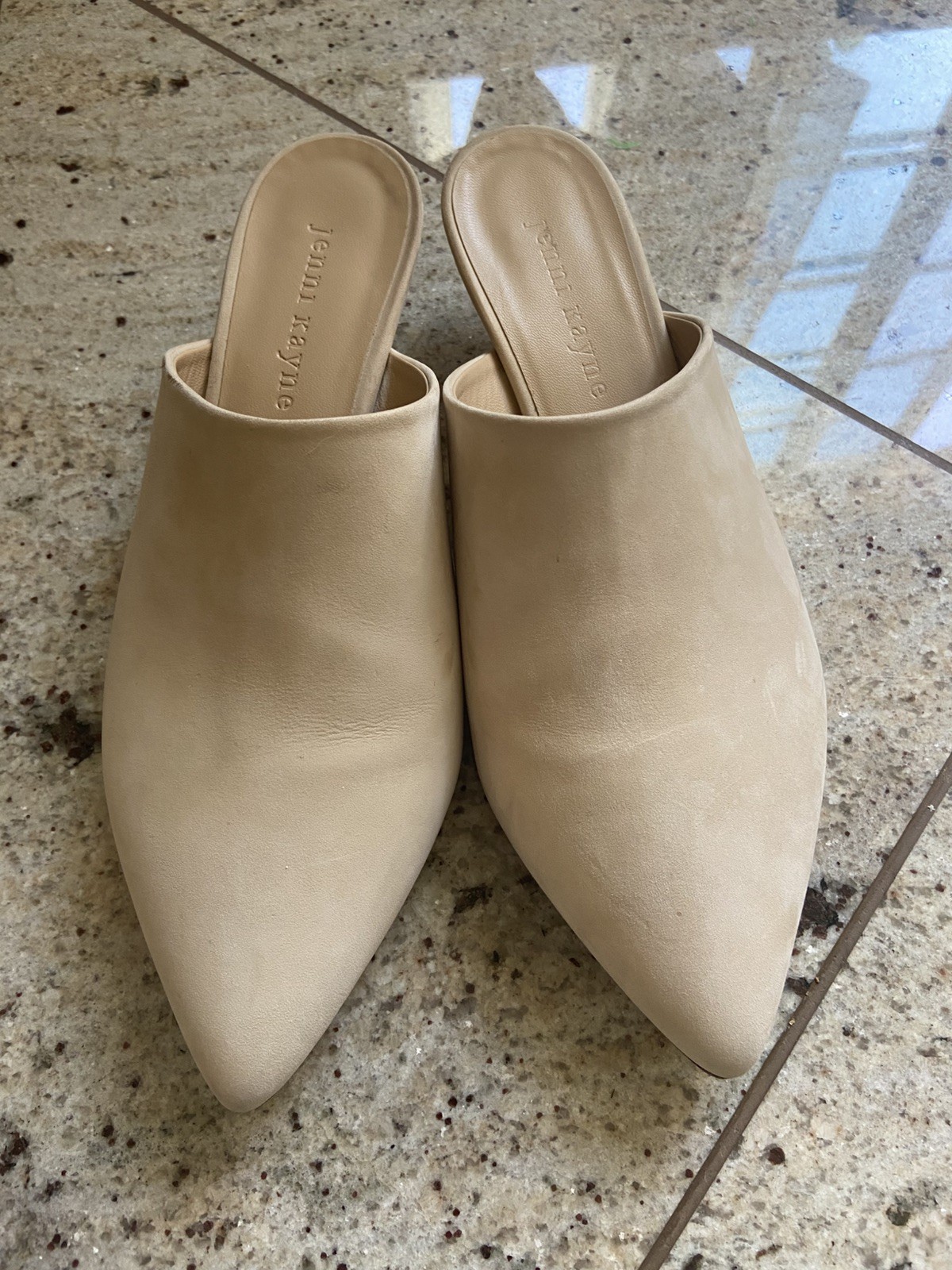 Jenni Kayne Kitten Heel Mules Beige Oiled Leather Size 37 Pointed Toe Slip On
