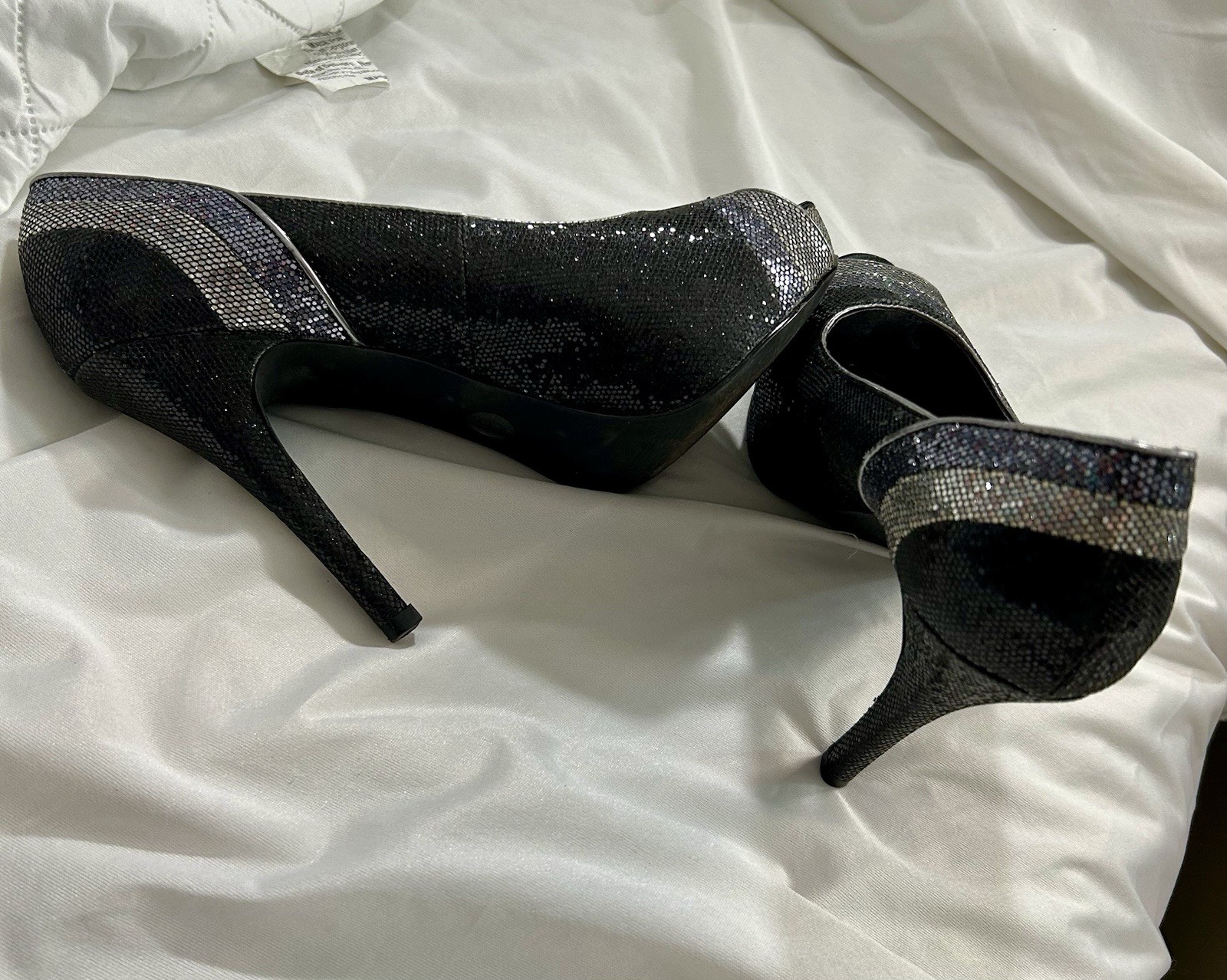 Worthington Women’s Black/Silver Glitter Peep Toe Stiletto Slip-On Pumps 7.5