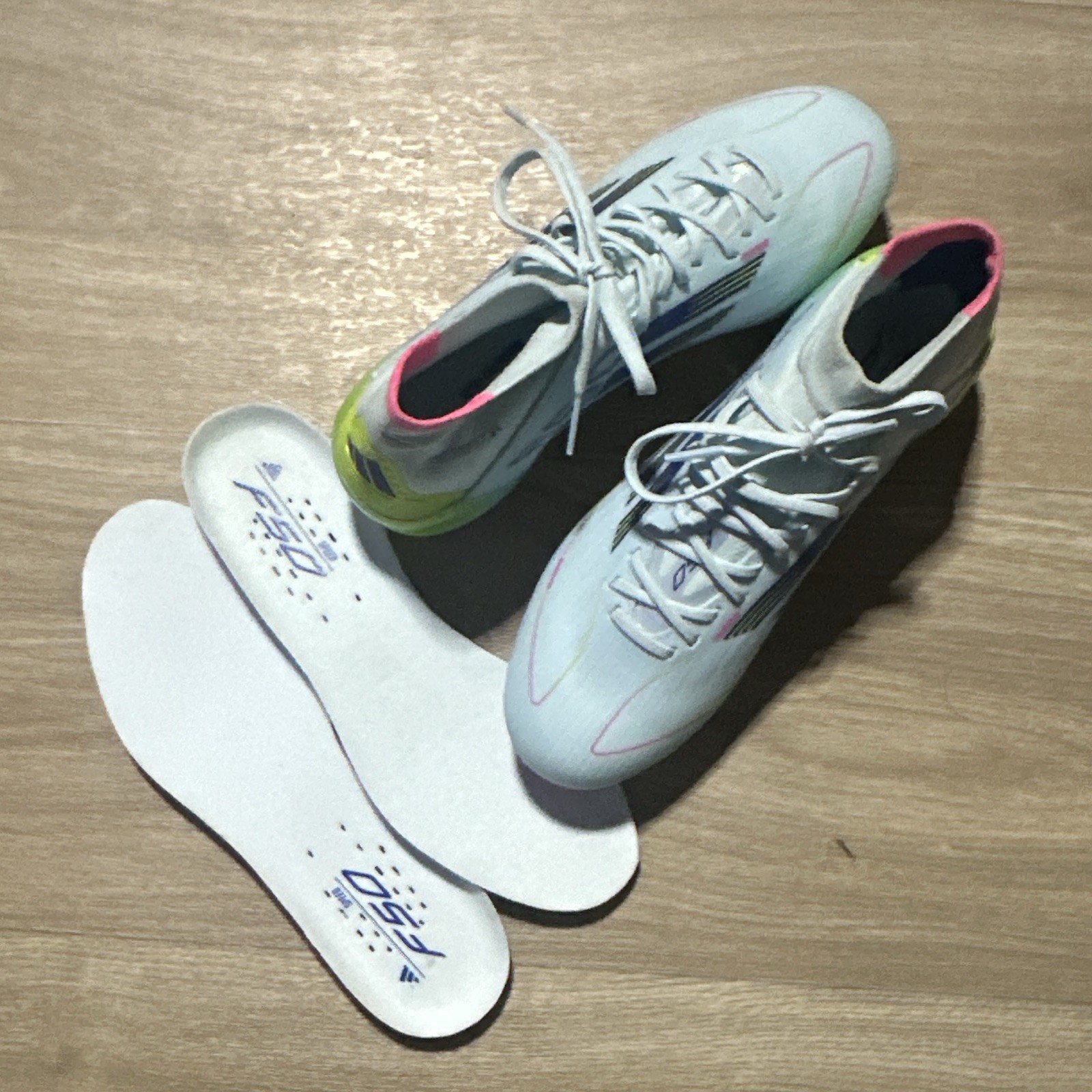 adidas F50 Soccer Cleats White Pink Yellow Blue Lace-Up Mid Top Plastic