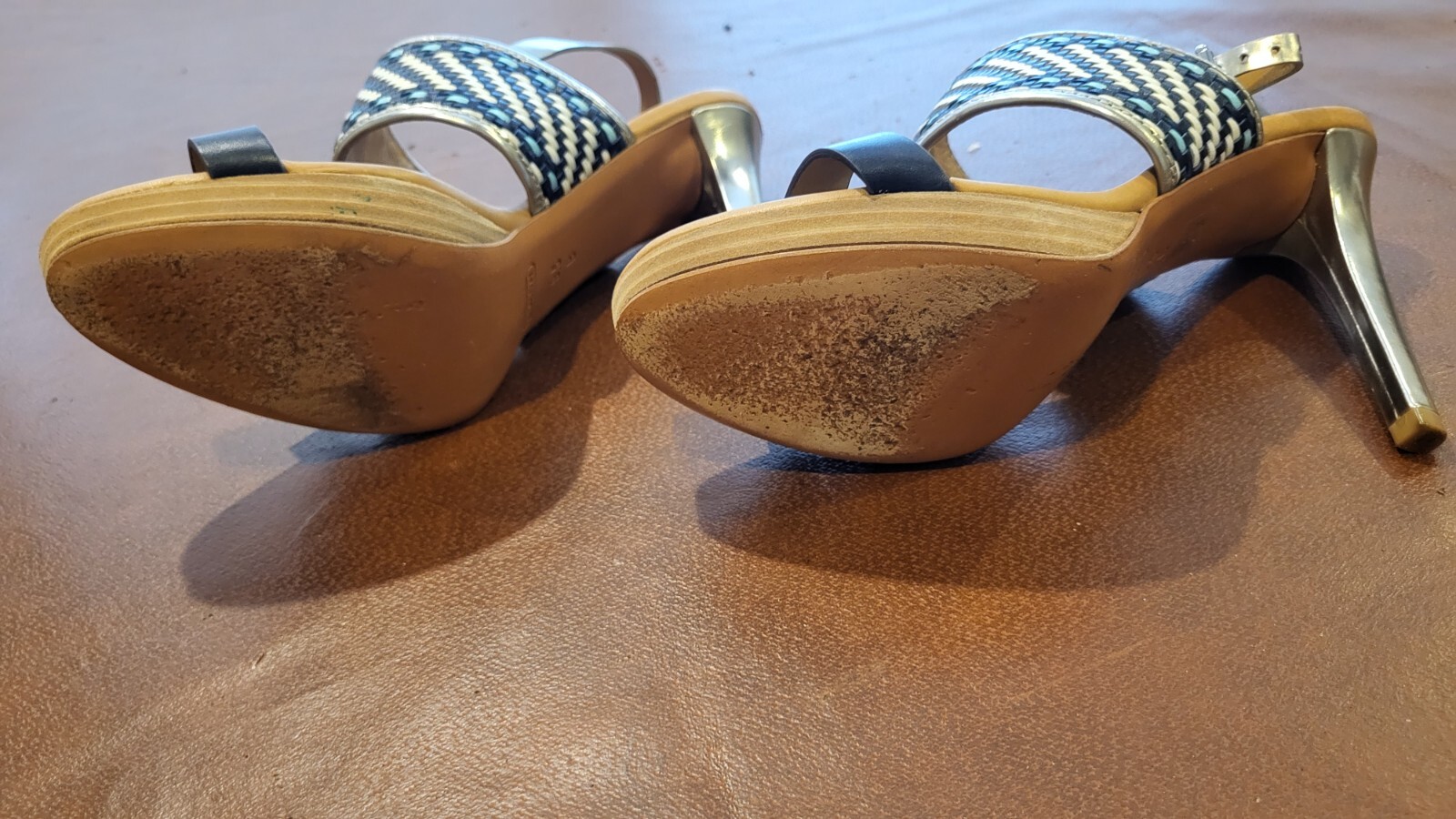 Coach Steffi Blue Tan And Silver Slingback sandal Pump SZ 9.5 4″ HEEL, EUC!