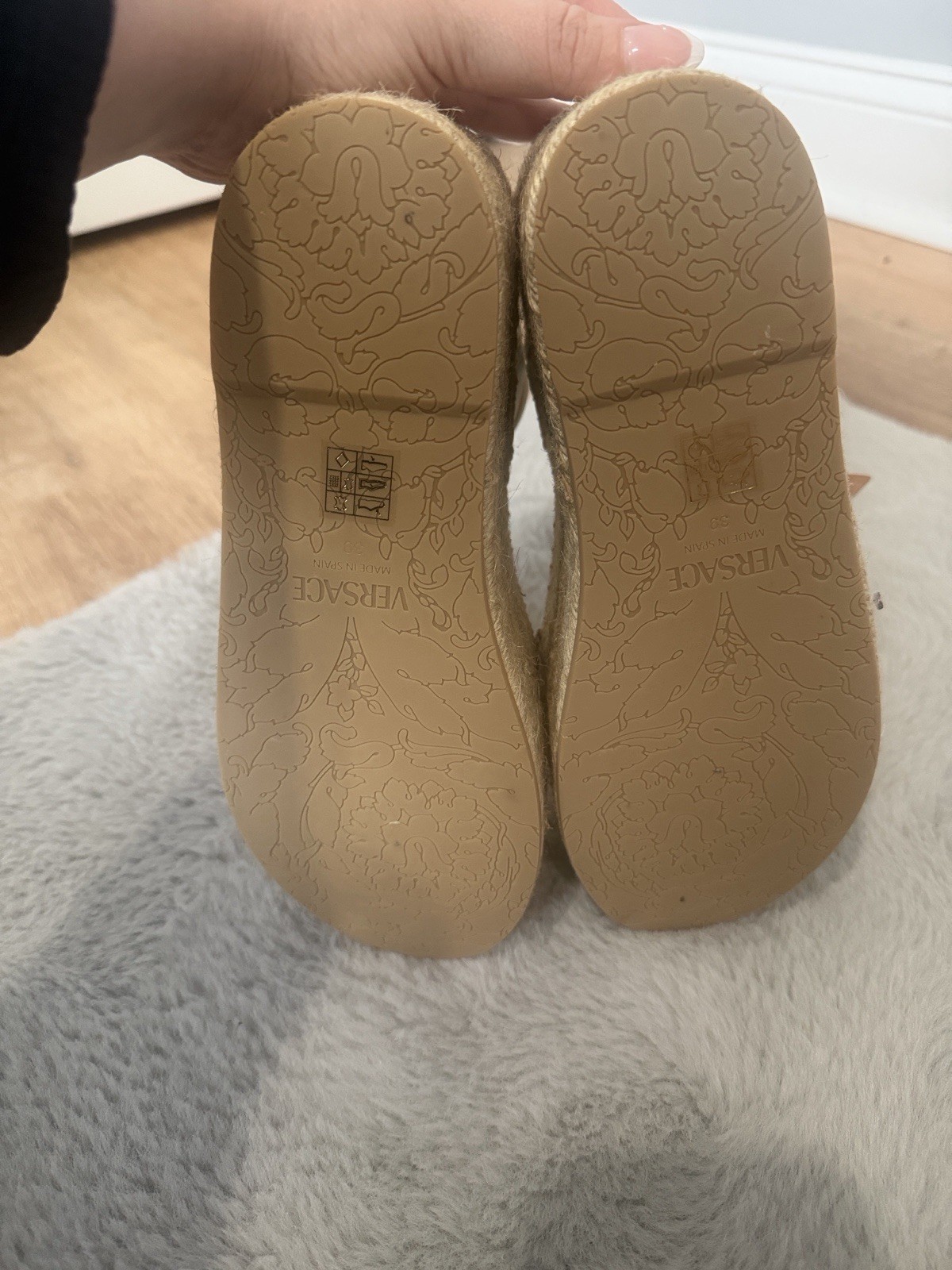 Versace White Leather Espadrille Wedge Sandals Gold Logo Adjustable Strap 39