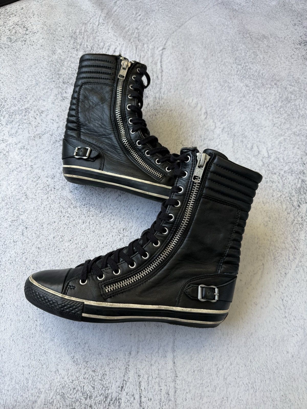 Ash Black Leather High Top Sneakers Zip Buckle Punk Y2K Avant Garde Japanese