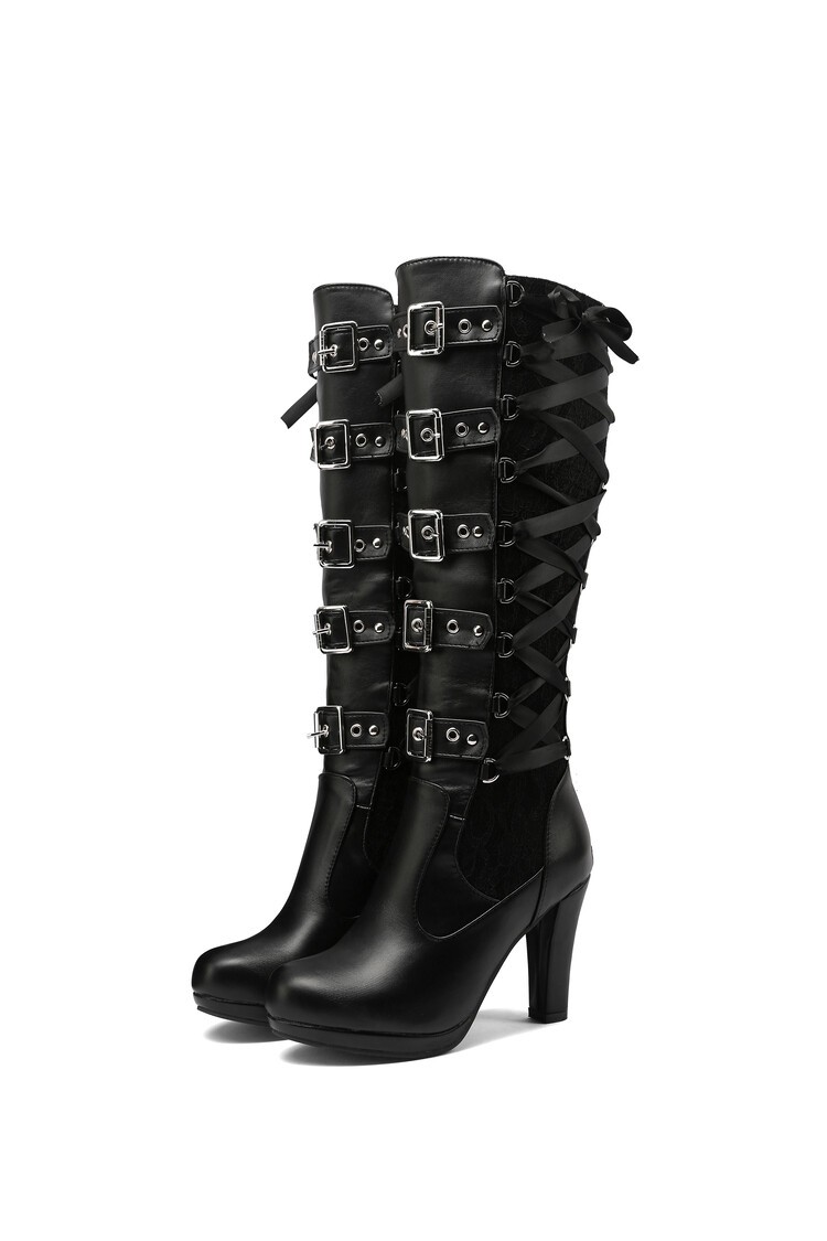 Women’s High Heel Zip Lace Faux Leather Knee High Long Boots Punk Riding Shoes