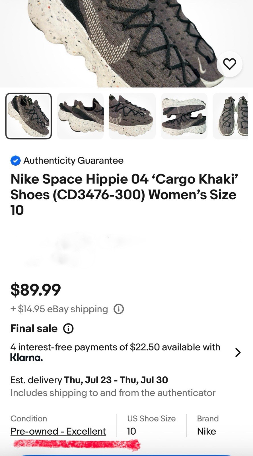 Nike Space Hippie 04 ‘Cargo Khaki’ Shoes (CD3476-300) Women’s Size 11