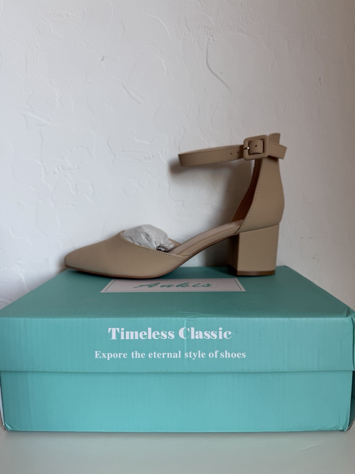 Beige Block Heels Pointed Toe Women Shoes Size 7 Ankle Strap Nude Wedding Office