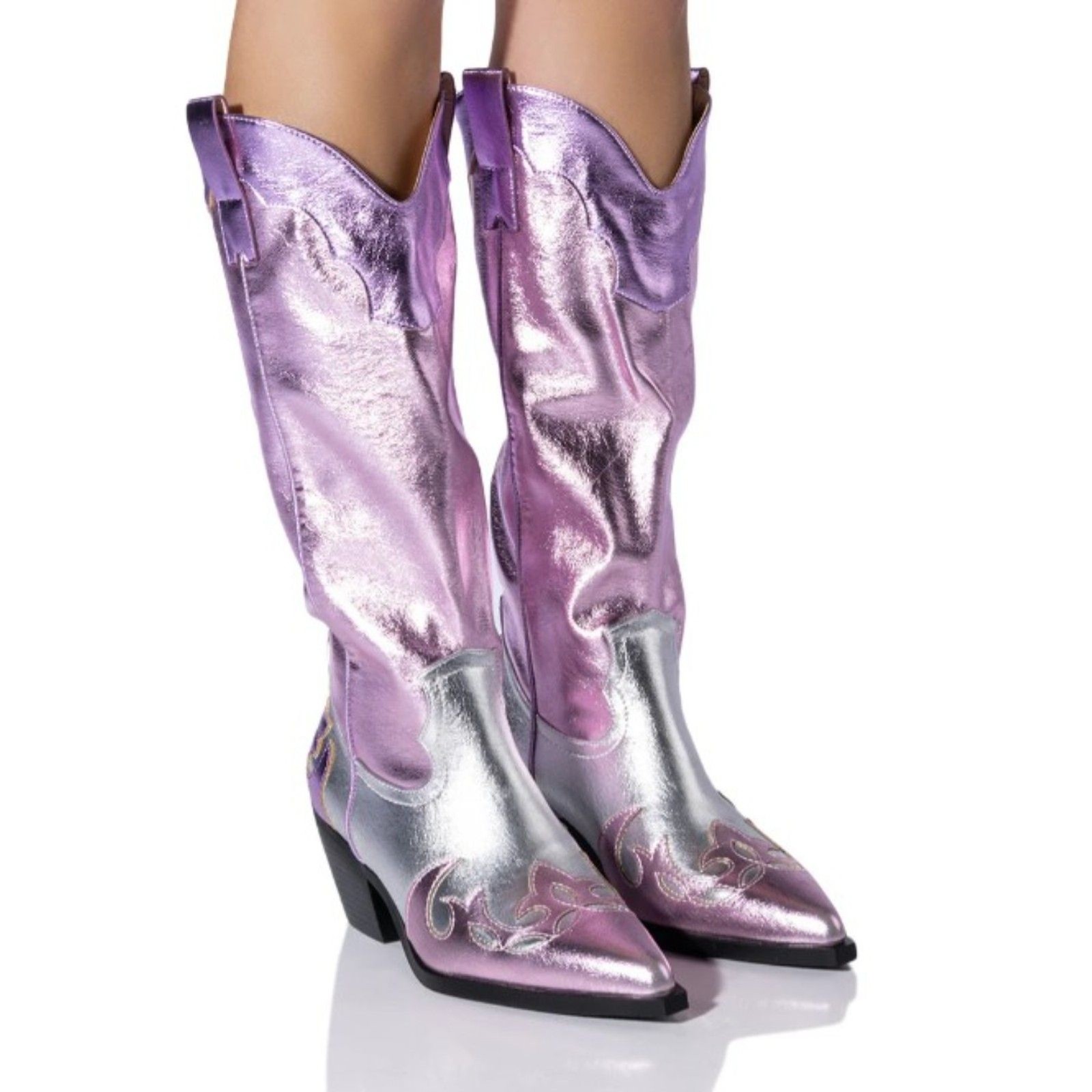 Azalea Wang Hendrix Pink Metallic Flame Cowboy Boots Women Size 8