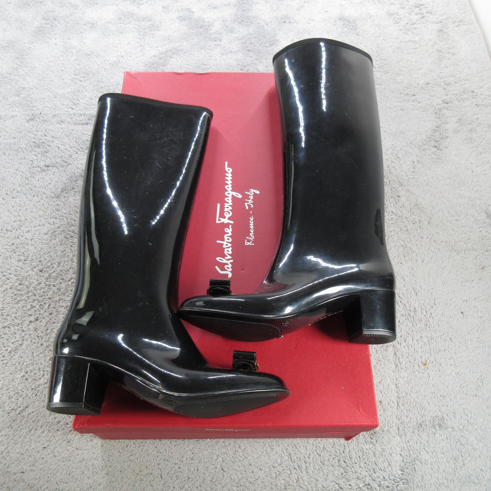 Salvatore Ferragamo Boots Womens Size 7 Black Rubber Knee High Rain Bow Italy