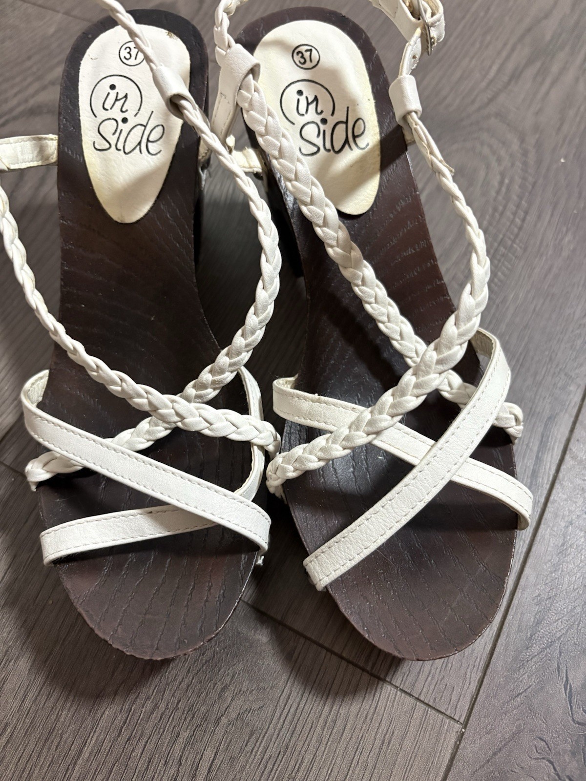 White Braided Strapped Faux Wood Block Heel Studded Sandals Italian Classic