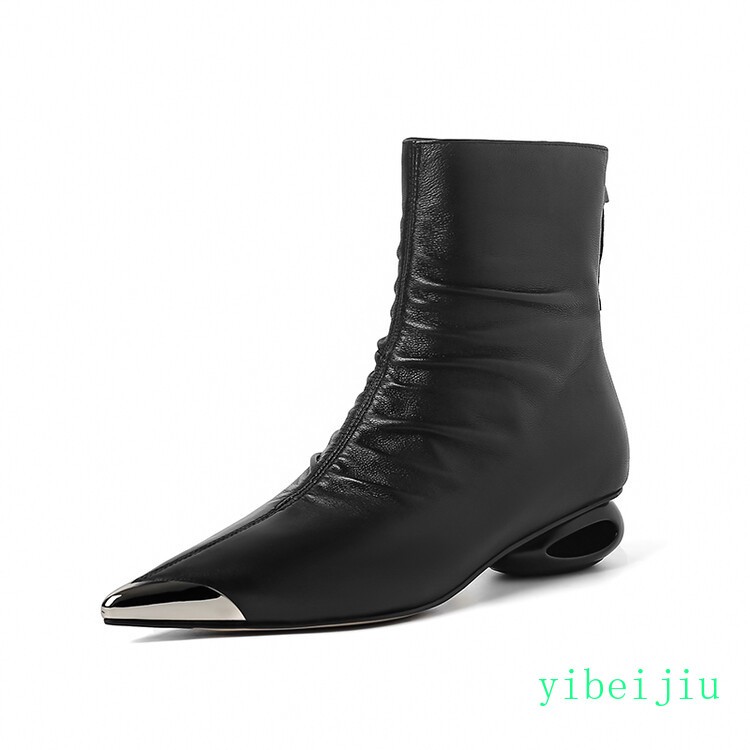 Women’s Metal Pointed Toe Low Heel Real Leather Ankle Boots Pleated Shoes Sexy