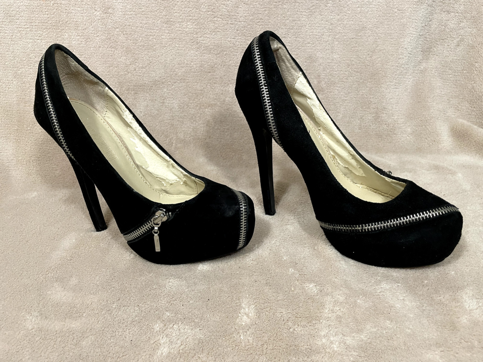 COLIN STUART STILETTOS, Black Suede Zipper Platform 5.5″ Heels Size 7.5 B