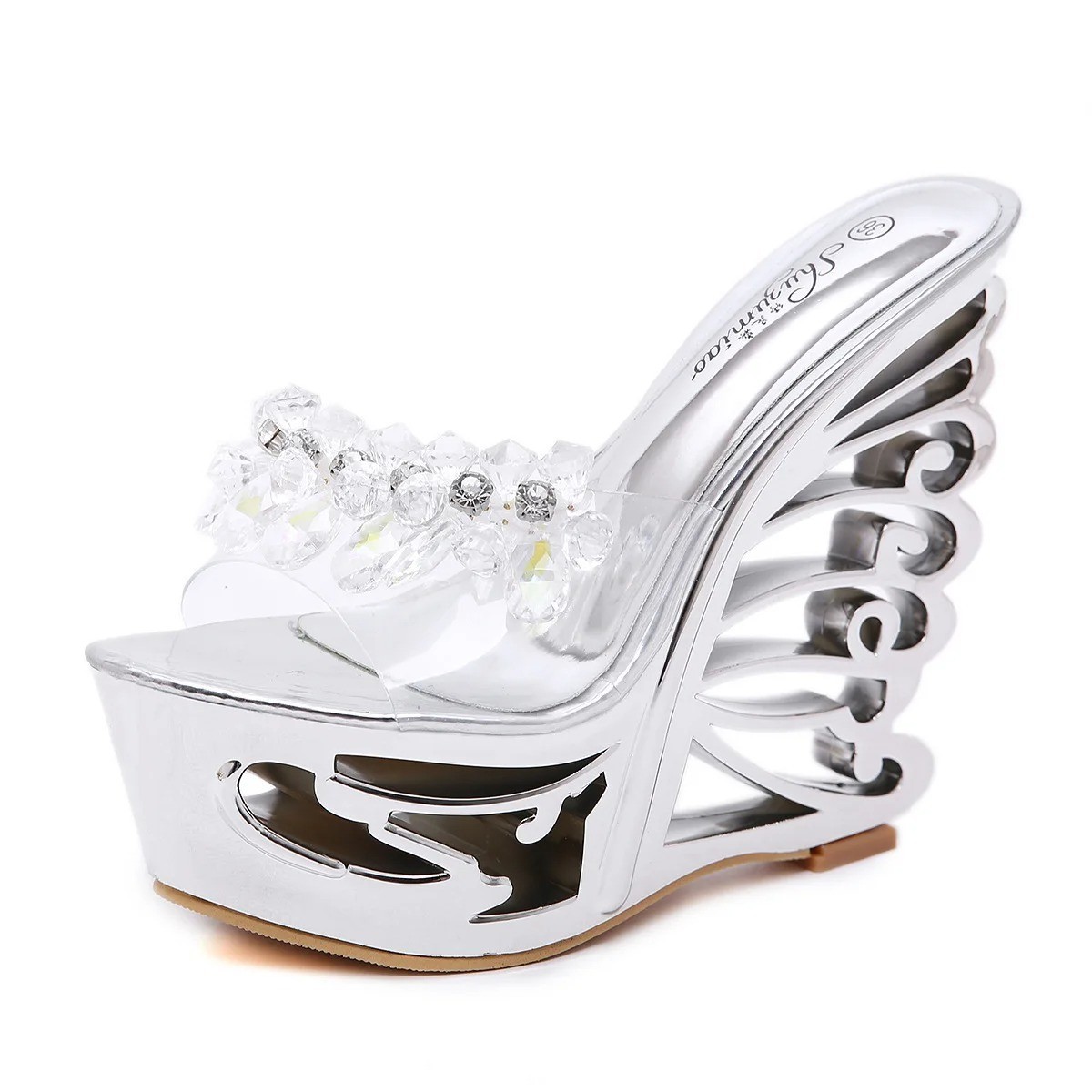 Women Crystal Platform Wedge Sandals 15CM High Heels Rhinestone Transparent