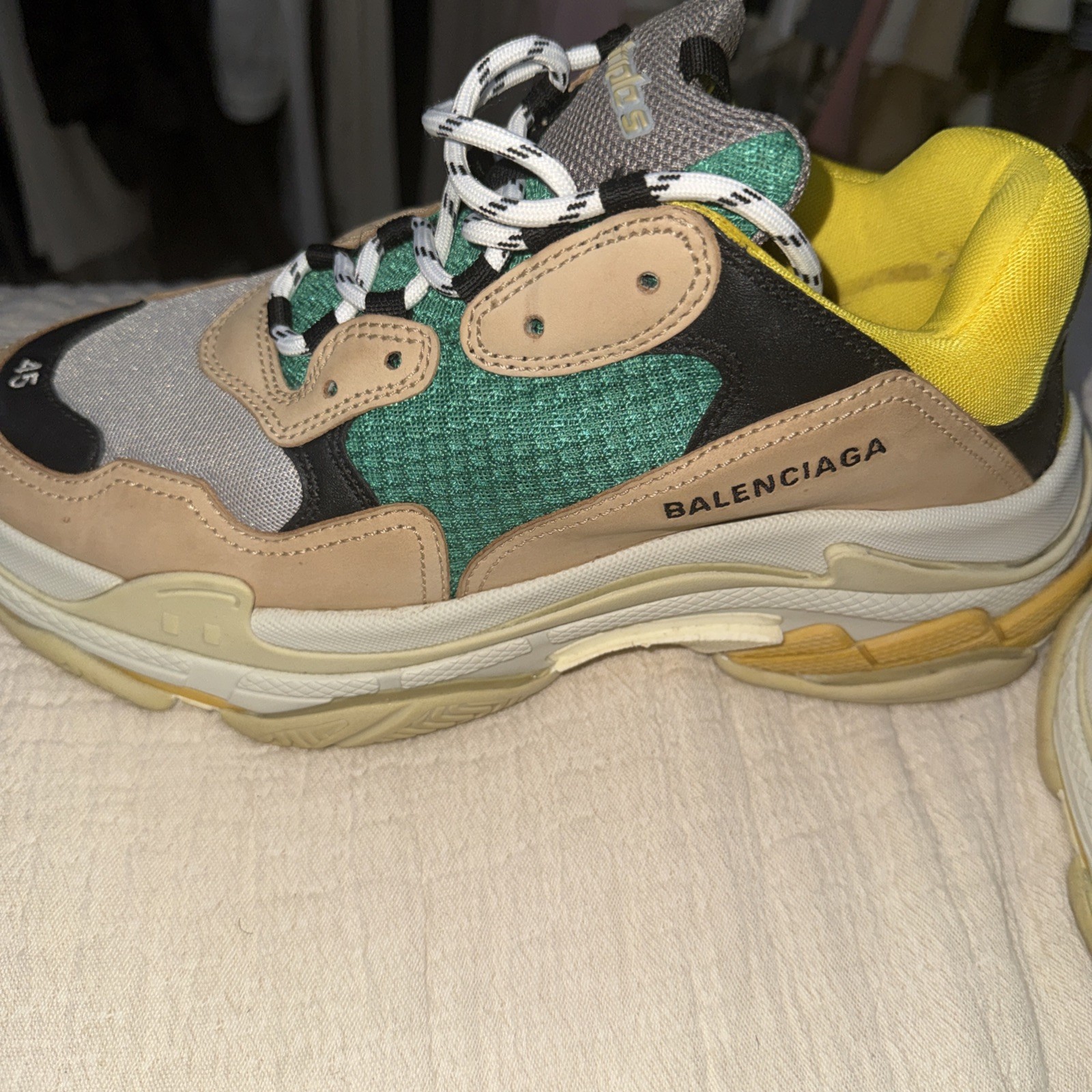 Balenciaga Triple S Men’s Low Top Lace-Up Colorblock Sneakers Beige/Green/Yellow
