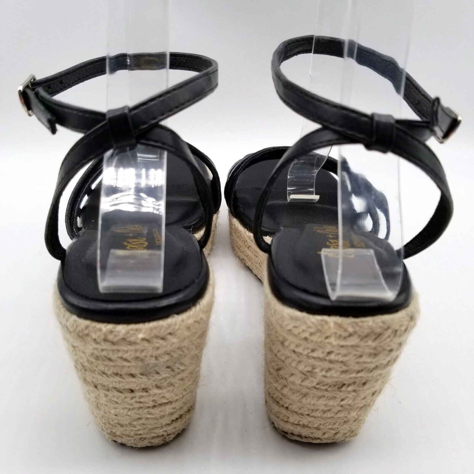 Chase Chloe Women Strappy Wedge Sandals Size 9 Ankle Strap Black Faux Leather