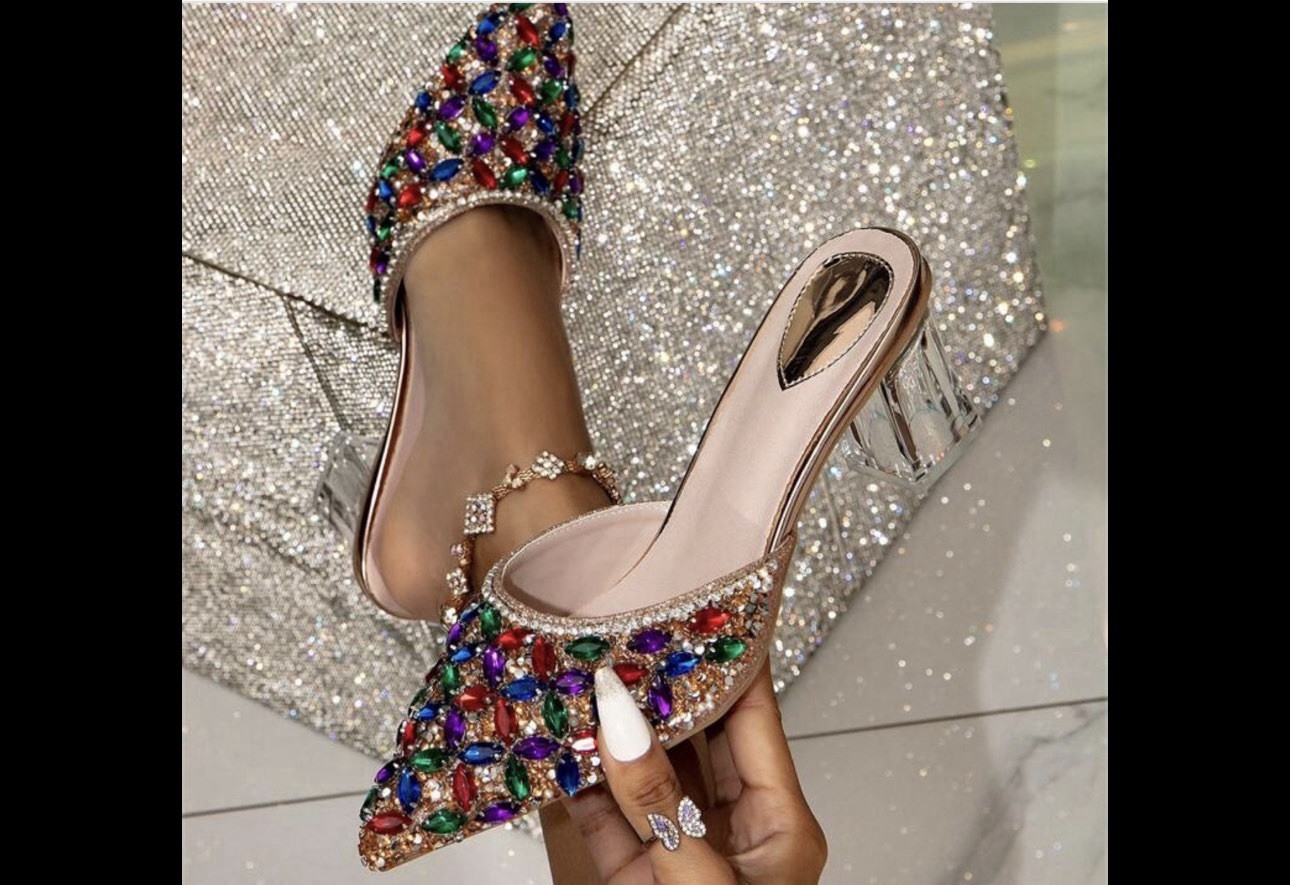 SHEIN Multicolor Rhinestone Beaded Block Heel Pointed Toe Slip On Comfort Mule
