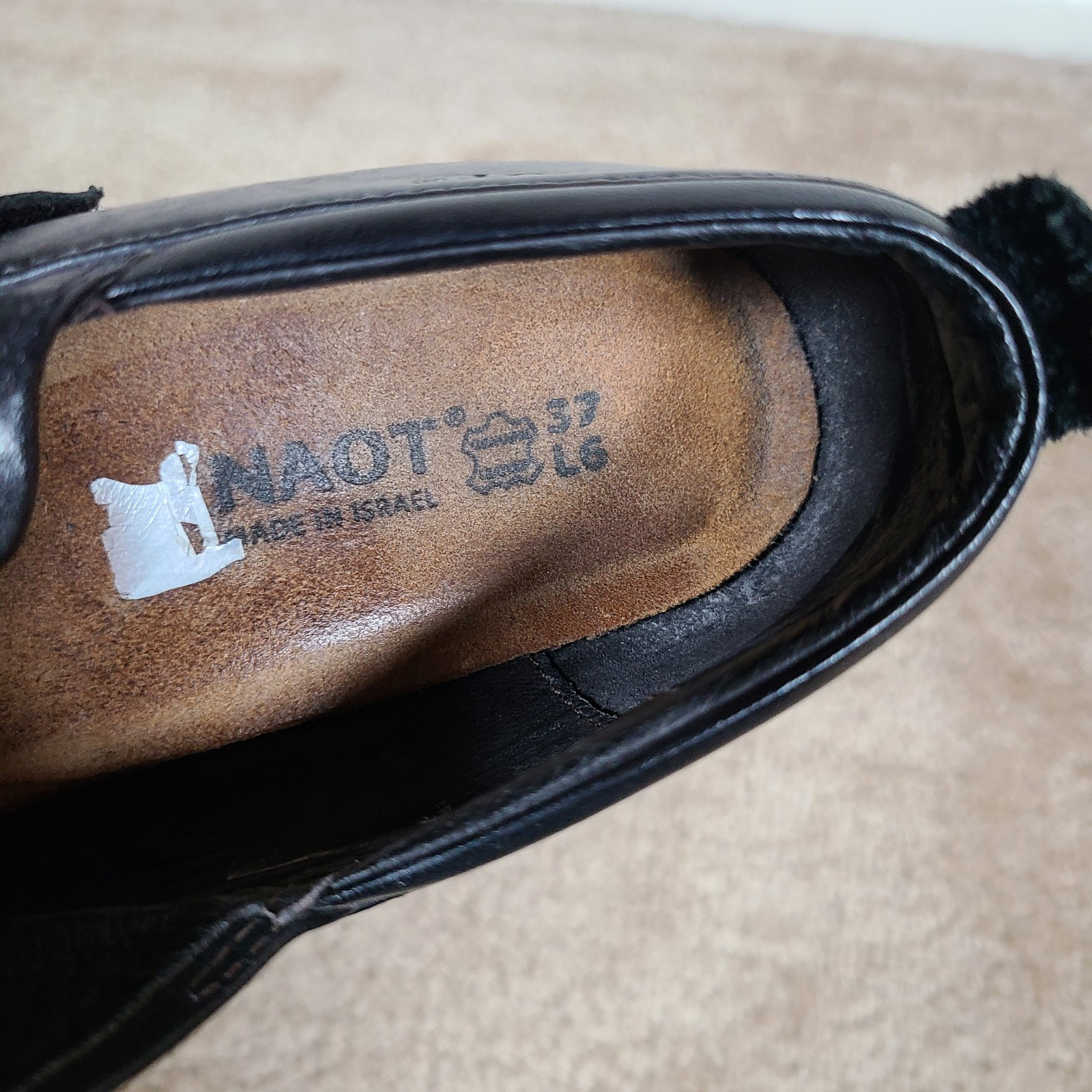 NAOT Black Leather 2″ Wedge Heel Hook & Loop Classy Wedge Shoes EU 37 ~ US 6-6.5