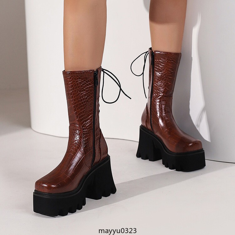 Womens Platform High Block Heel Zip Square Toe Casual Ankle Boots Shoes Biker