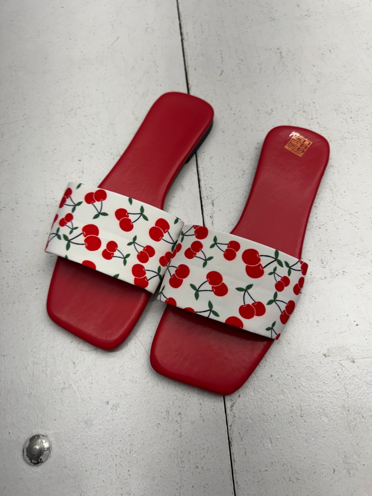 Shein Solid Red White Cherry Print Slip On Flat Sandals Womens Size 10