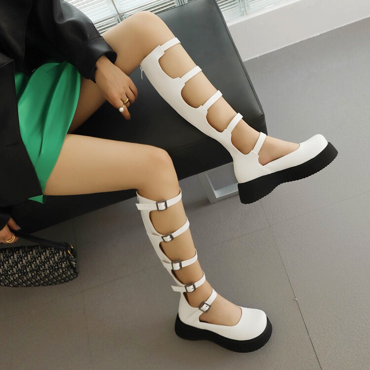 Roman Women’s Gladiator Casual Sandals Ladies Hollow Out Back Zip Knee High Boot