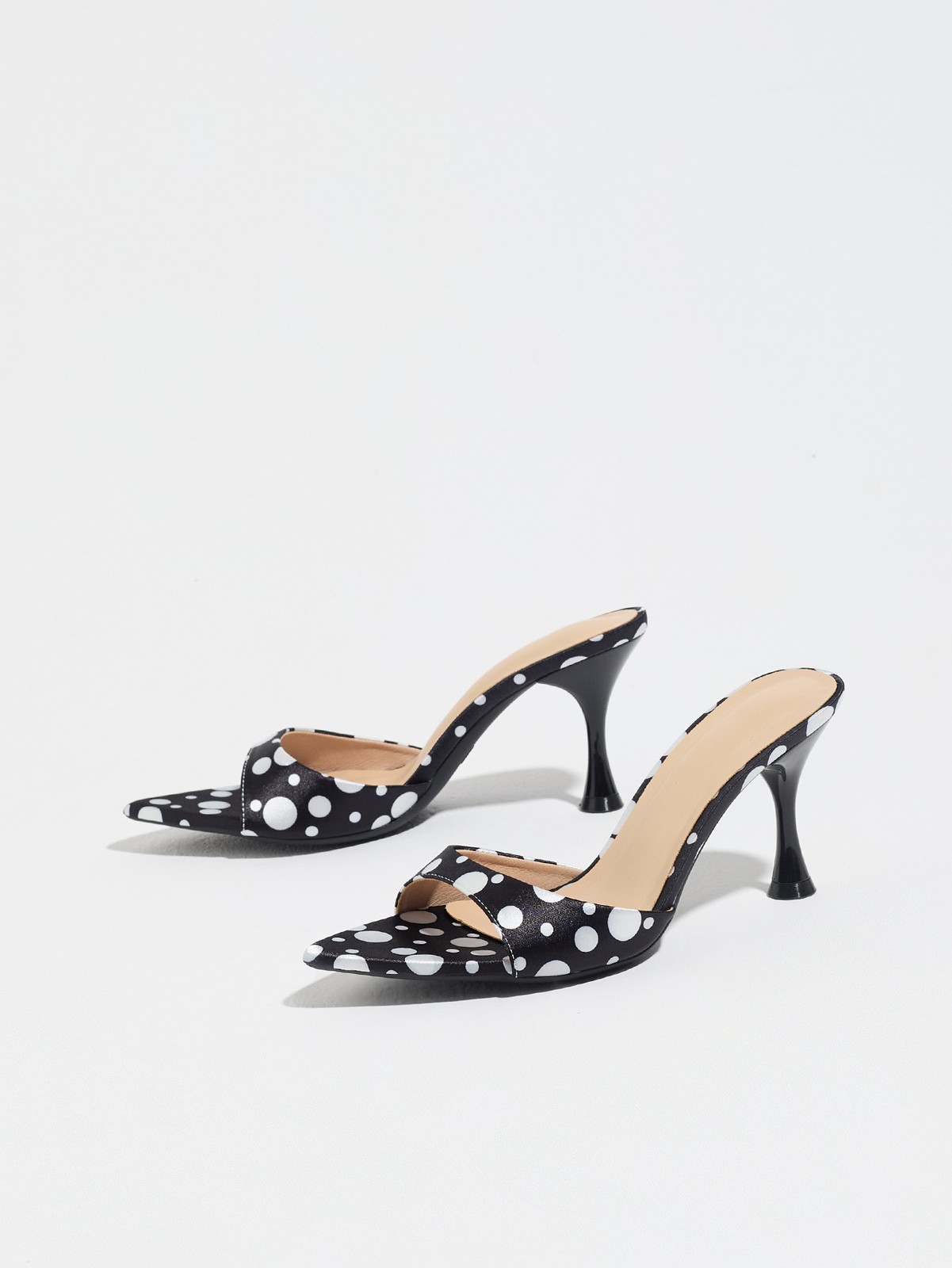 Women Sexy Leather Mid Heels Pointy Open Toe Polka Dot Sandals Shoes Slipper New