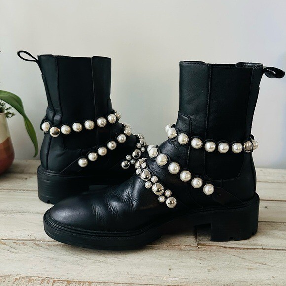 Zara Black Pearl-Embellished Strap Leather Ankle Boots – 6.5