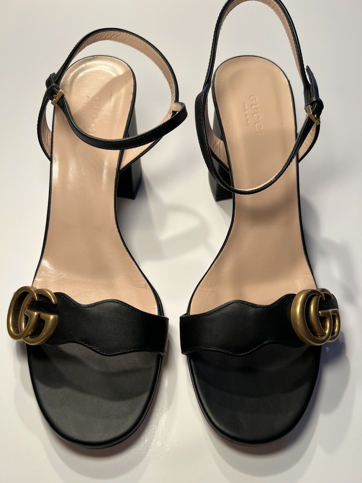 GUCCI GG Marmont Black Leather Block Heel Sandals – Size 40 – New in Box