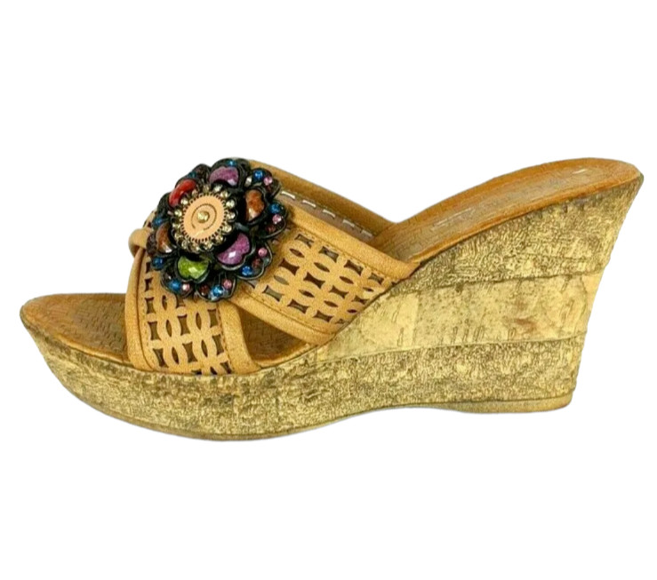 Patrizia by Spring Step Bell Tan Embellished Slide Wedge Sandals EU 40 / US 9