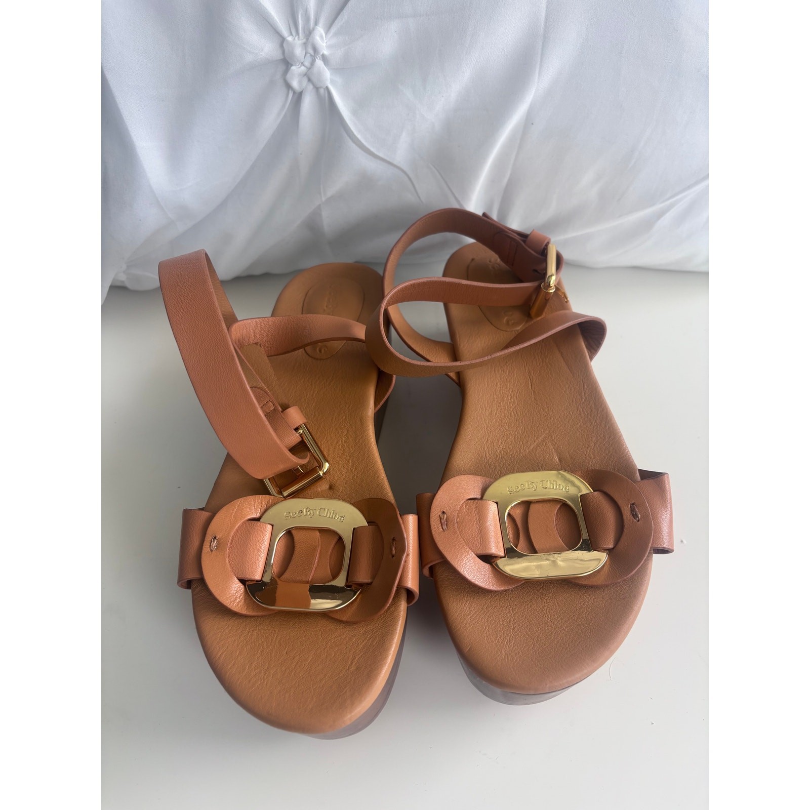 SEE BY CHLOE Chany Brown Slides Wedge Buckle Sandals Women’s Size 38