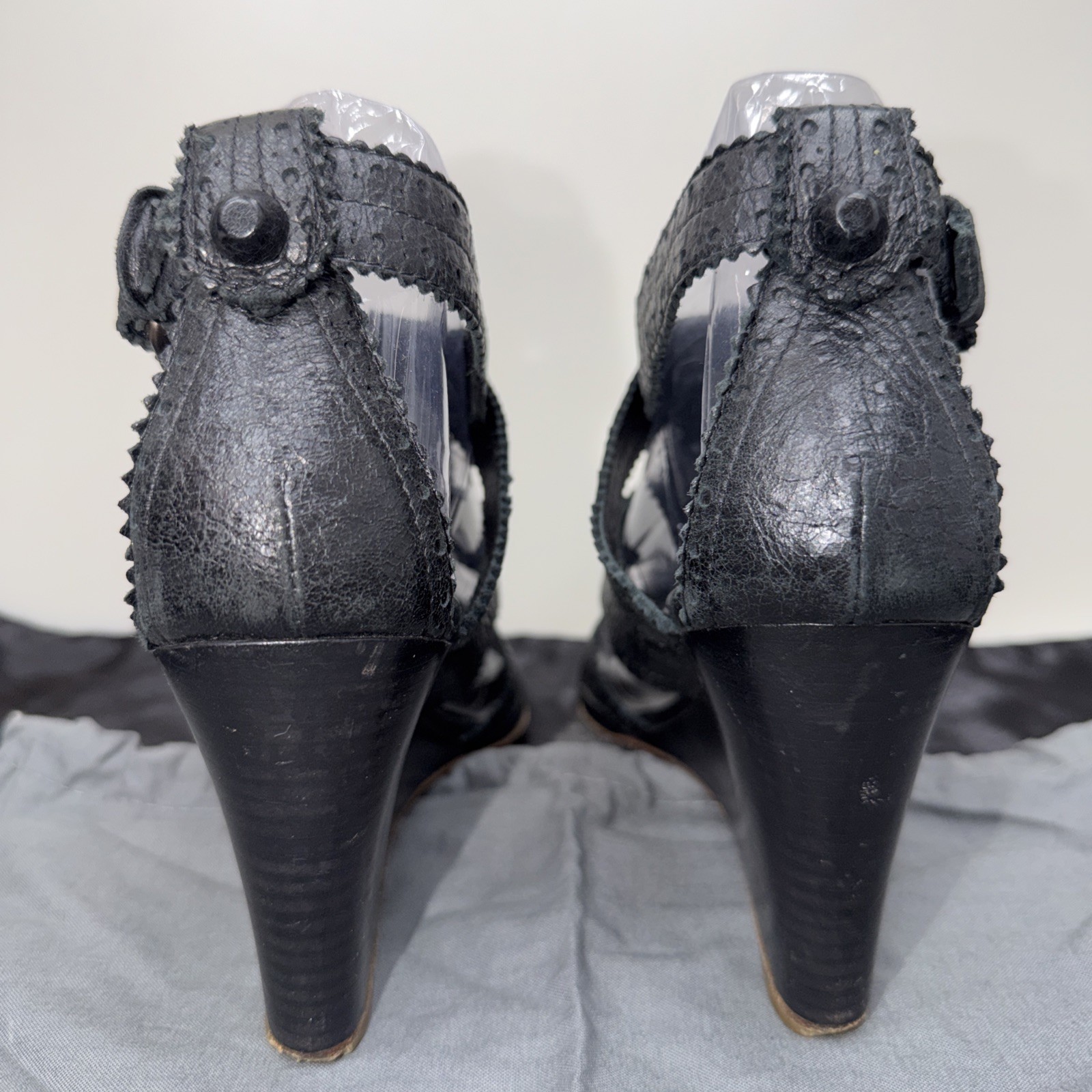 Balenciaga 39.5 Sandals Wedge Gladiator Caged Ankle Booties Covered Studs Poms