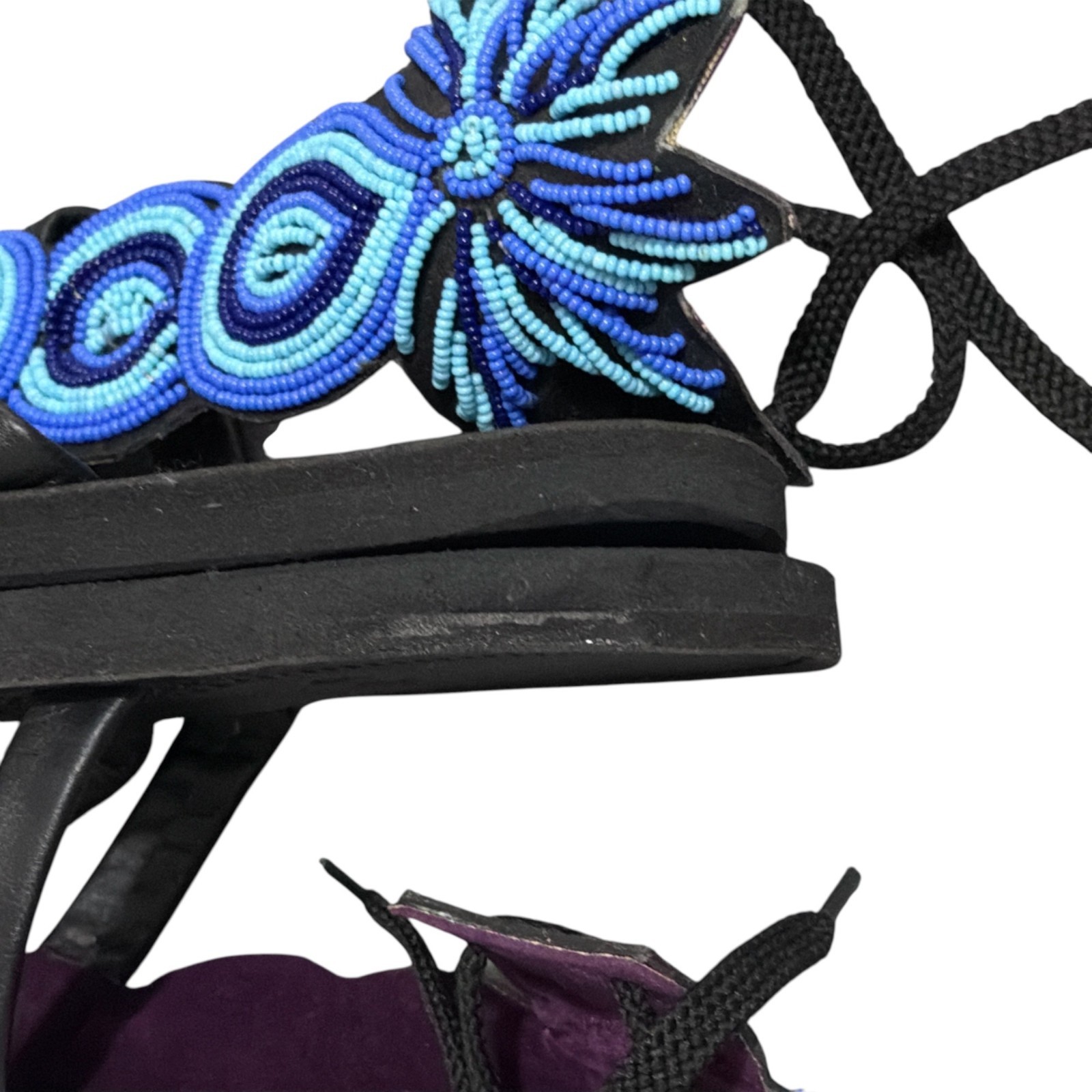 African Sandals Womens 8.5 Black Leather Masai Beadwork Gladiator Tribal Artsy