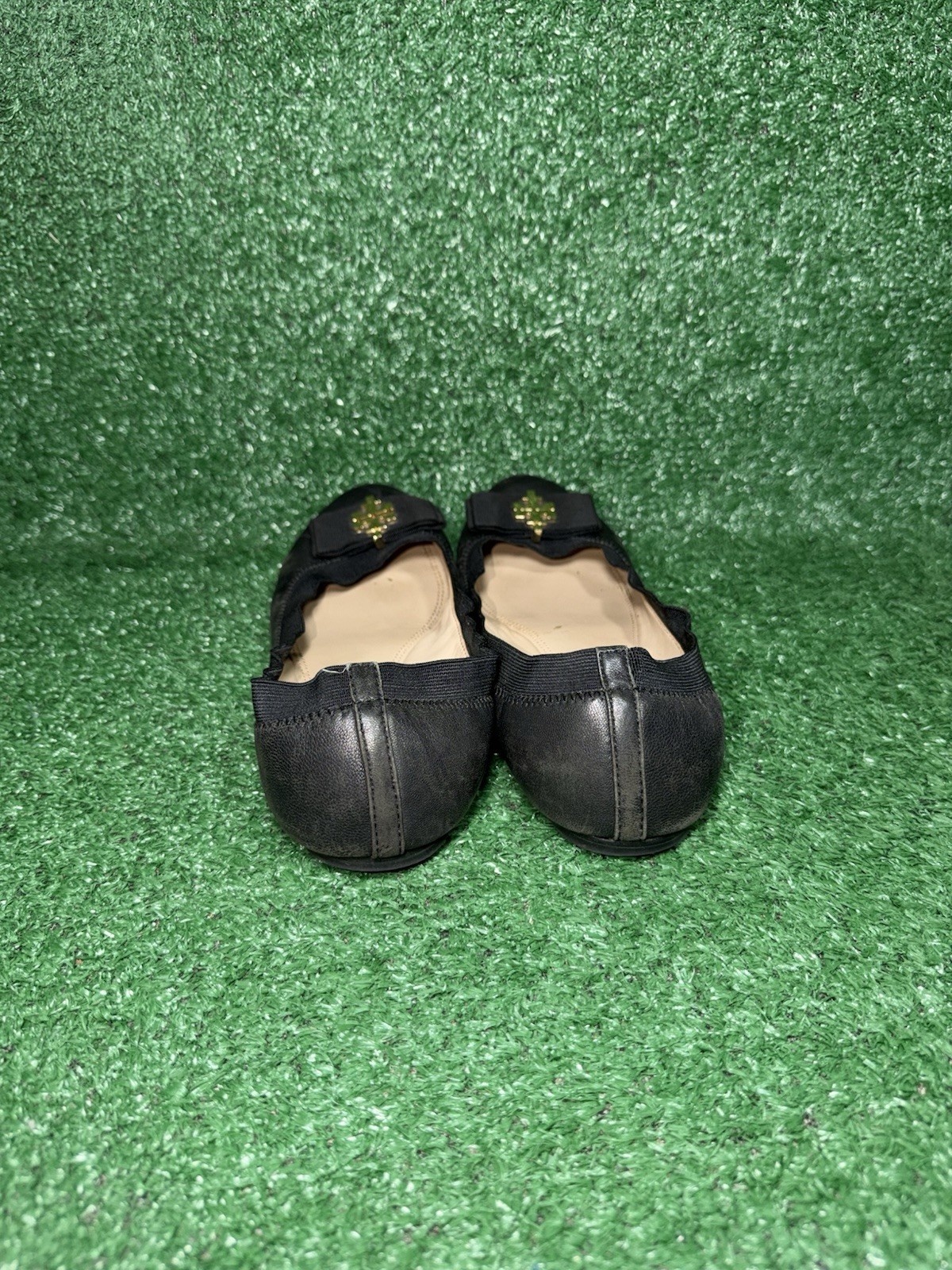 Tory Burch Shoes Women Size 9.5 Black Leather Gold Grosgrain Bow Sedgwick Ballet