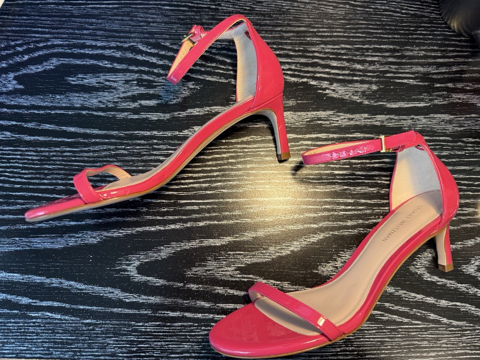 New Stuart Weitzman Pink Patent Leather Open Toe Strappy Buckle Heels US 5.5