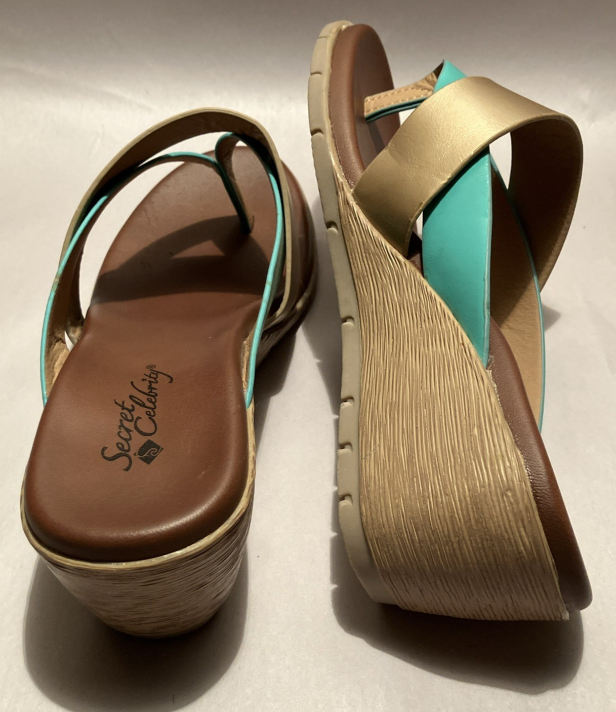 New Secret Celebrity Eclipse Women 8M Turquoise/Gold Strap 2″ Wedge Heel Sandals
