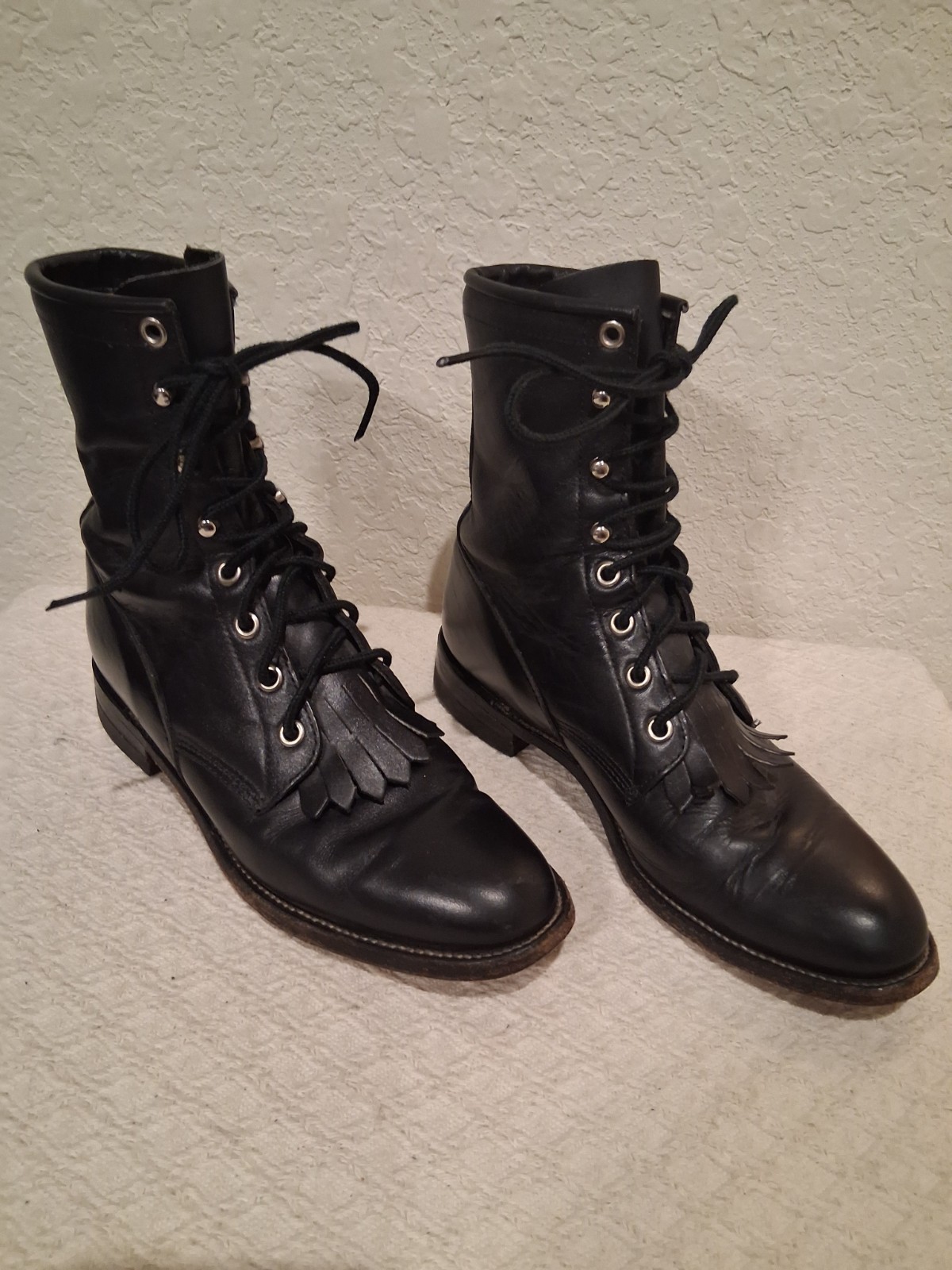 Justin L0506 Western Roper Kiltie Women Leather Black Boots Lace Up Size 6.5B