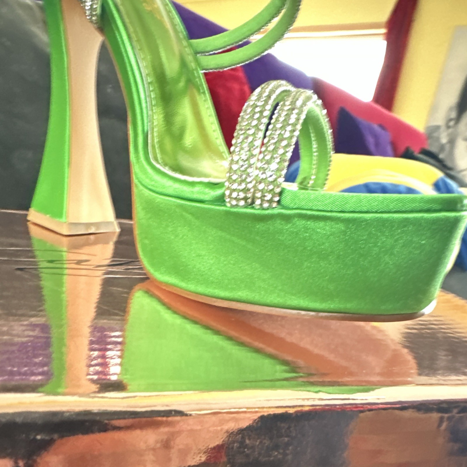 Cathy Din Green Size 8 Rhinestone Strappy Sexy Platform Chunky Heels $ & Diamond