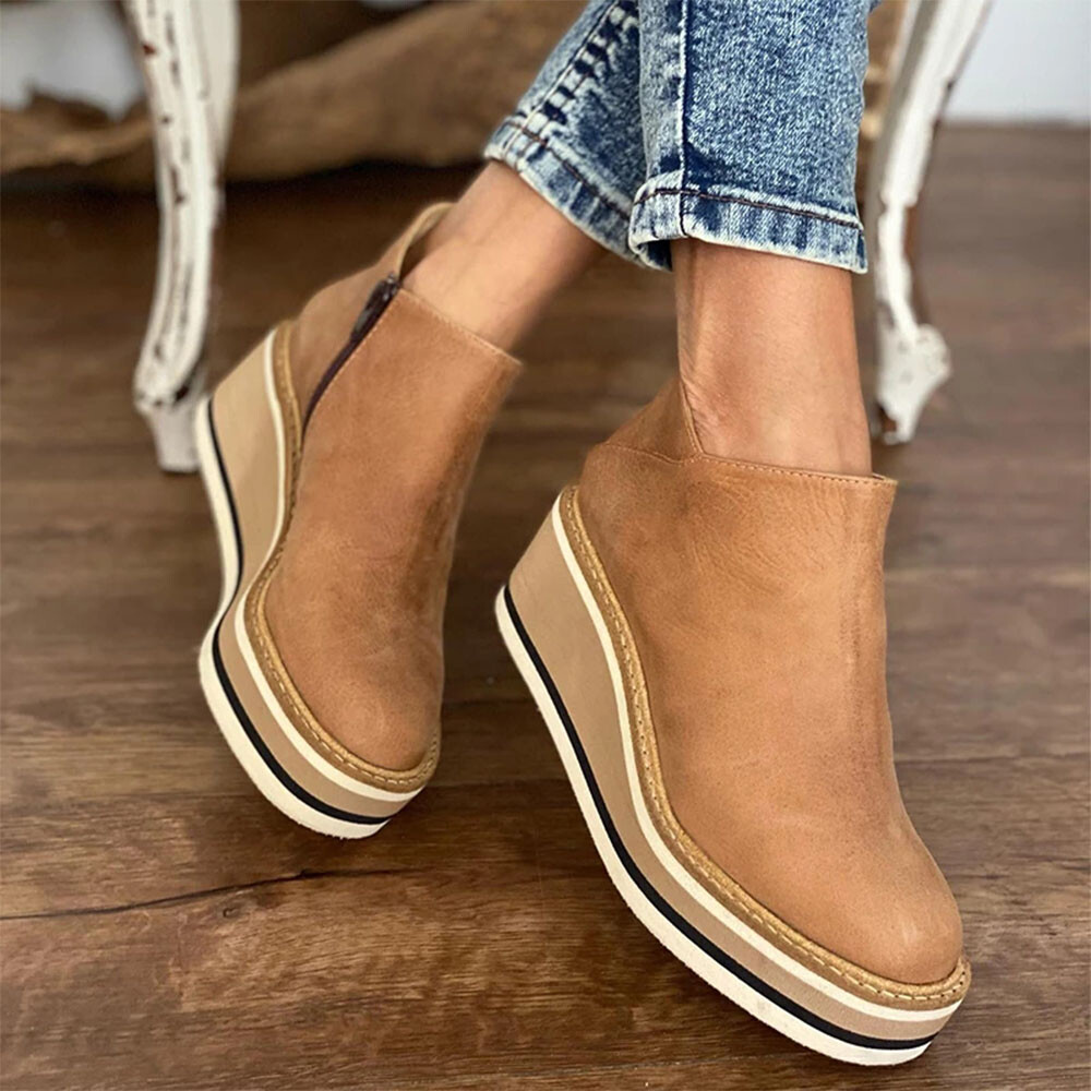 Women’s Ladies PU Leather High Mid Heel Wedge Work Ankle Boots Size UK2.5-8.5