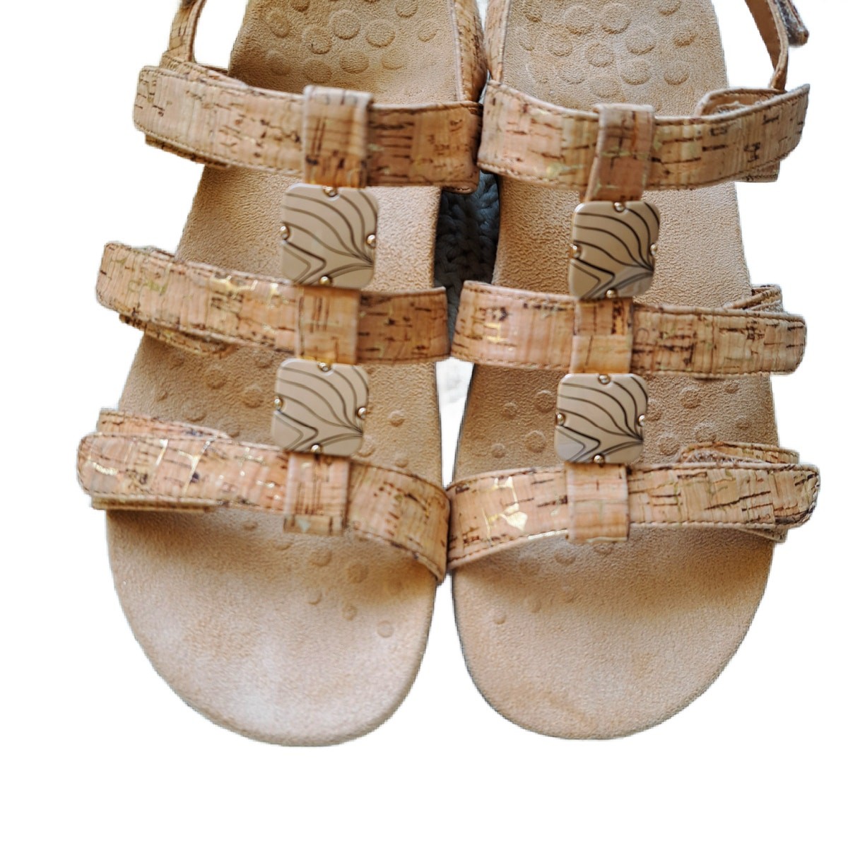 VIONIC Amber Adjustable Sandals Size 8 Gold Cork Flat Casual Travel Comfort