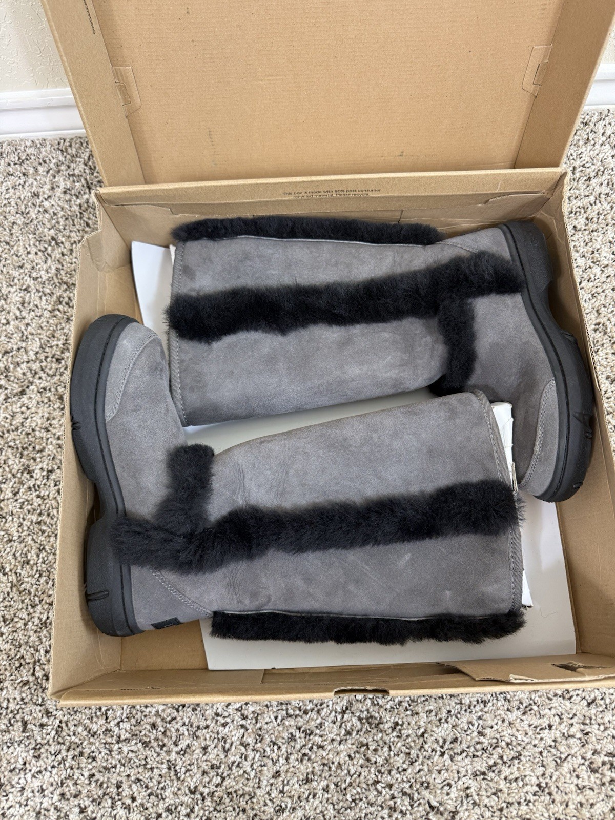 UGG Sunburst Grey Black Tall Shearling Boots Size 5 Winter Rubber Sole Womens