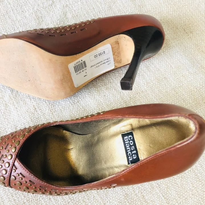 Costablanca Brown Leather Studded Pointed Toe Pumps Size 6