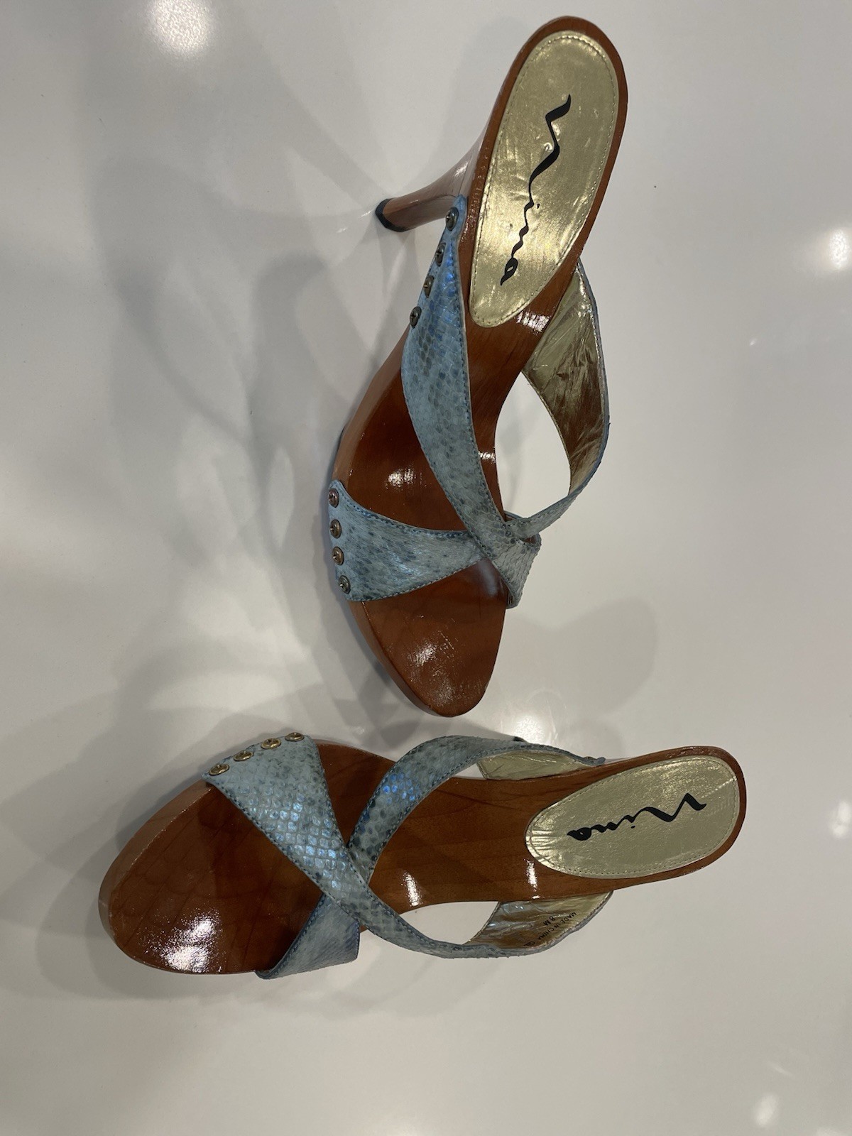 Nina Slide Heels Aqua Metallic Snake VTG Size 8M