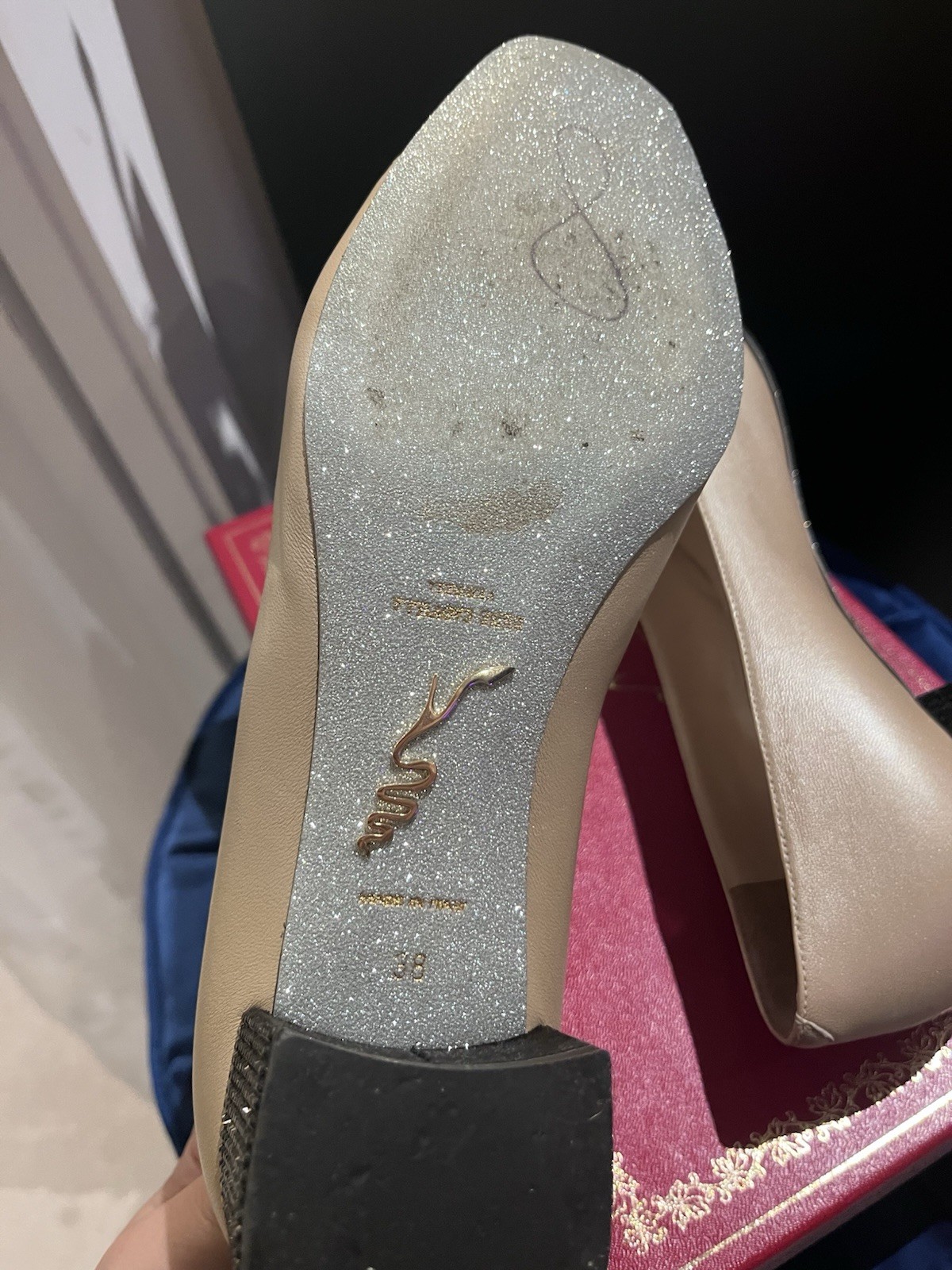 René Caovilla Bonnie Crystal Block Heel Pumps Leather Beige Black EU 38